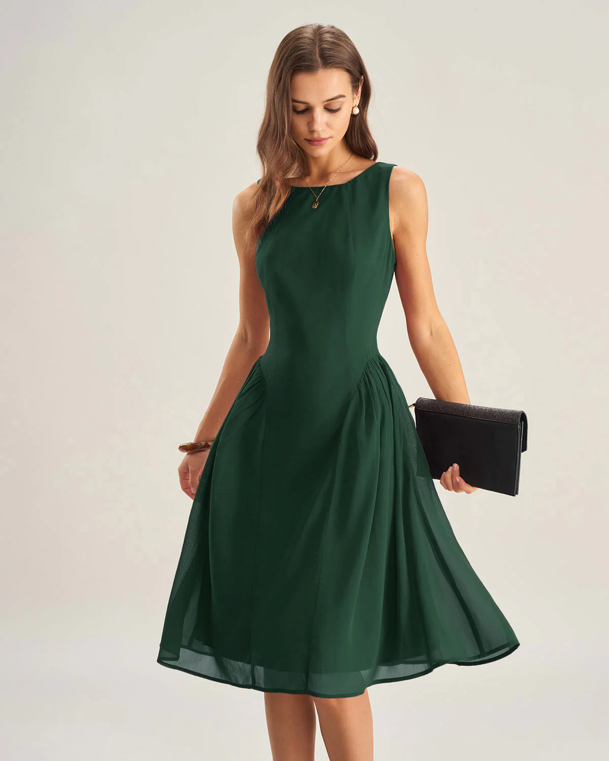 Green Boat Neck Chiffon Midi Dress - Image 3