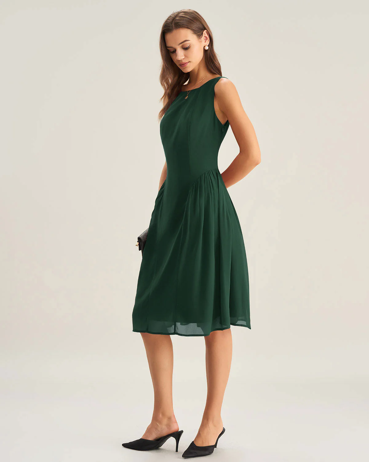 Green Boat Neck Chiffon Midi Dress - Image 5