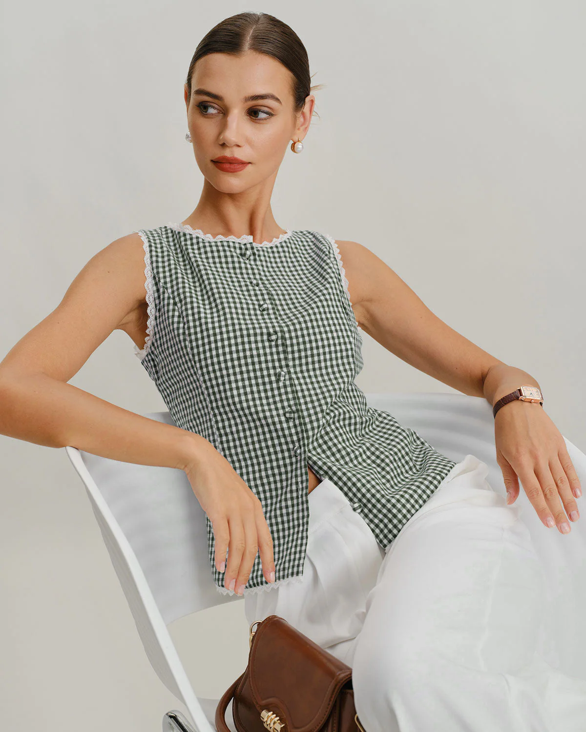 Green Boat Neck Plaid Tank Top