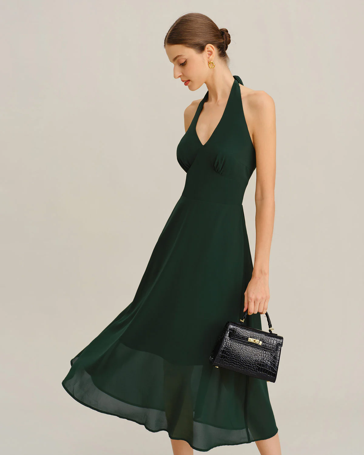 Green Chiffon A-Line Halter Midi Dress - Image 3