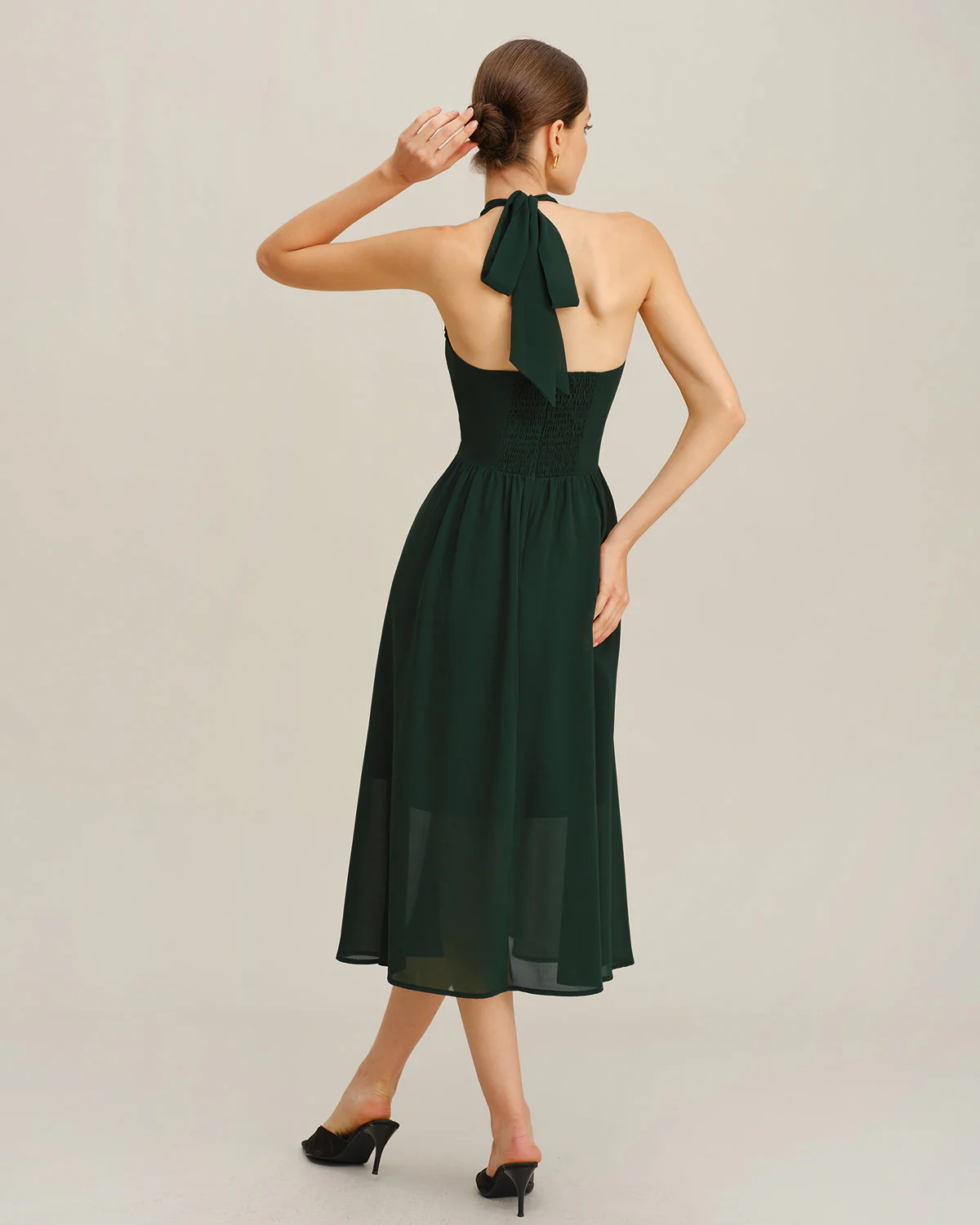 Green Chiffon A-Line Halter Midi Dress - Image 5