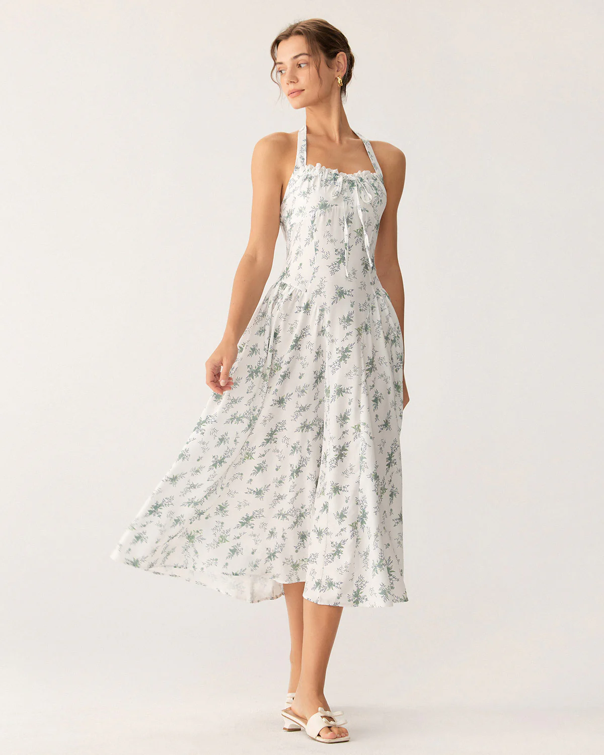 Green Floral Ruched Lace Halter Midi Dress - Image 3