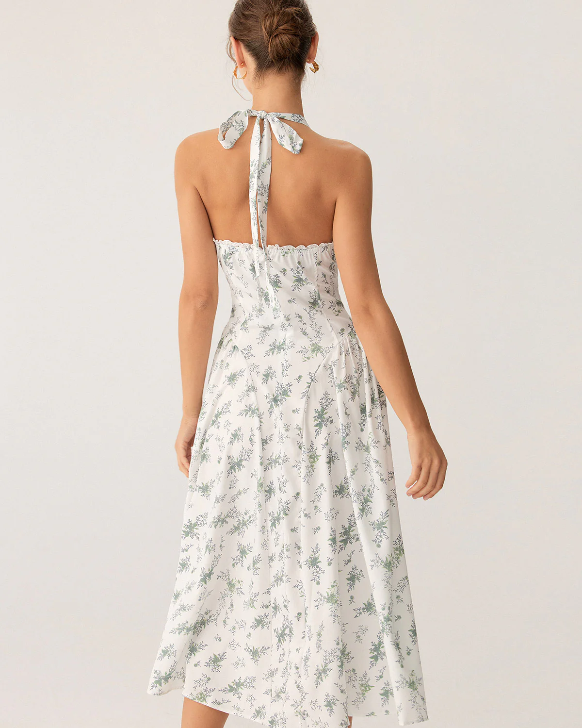 Green Floral Ruched Lace Halter Midi Dress - Image 4
