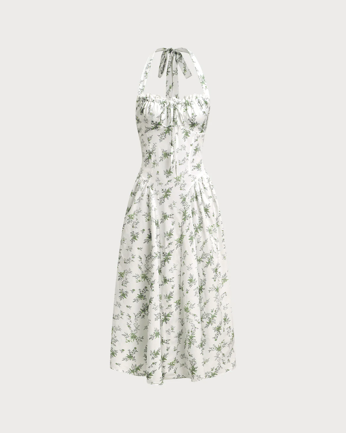 Green Floral Ruched Lace Halter Midi Dress - Image 5