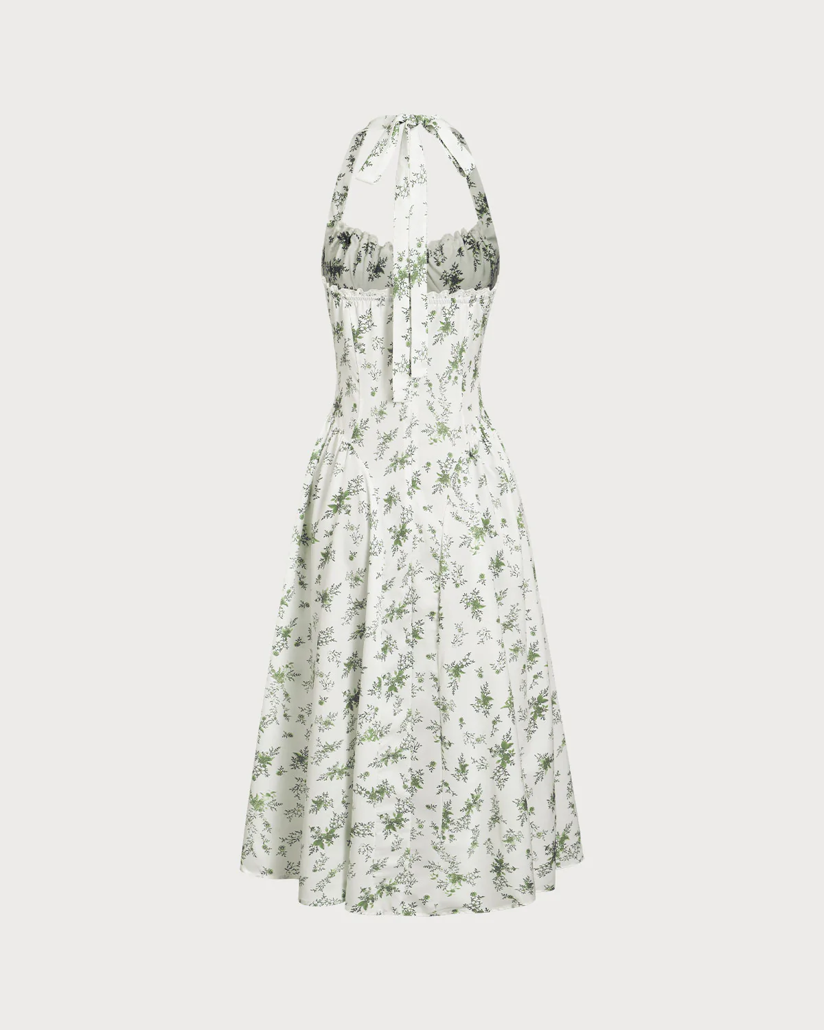 Green Floral Ruched Lace Halter Midi Dress - Image 6
