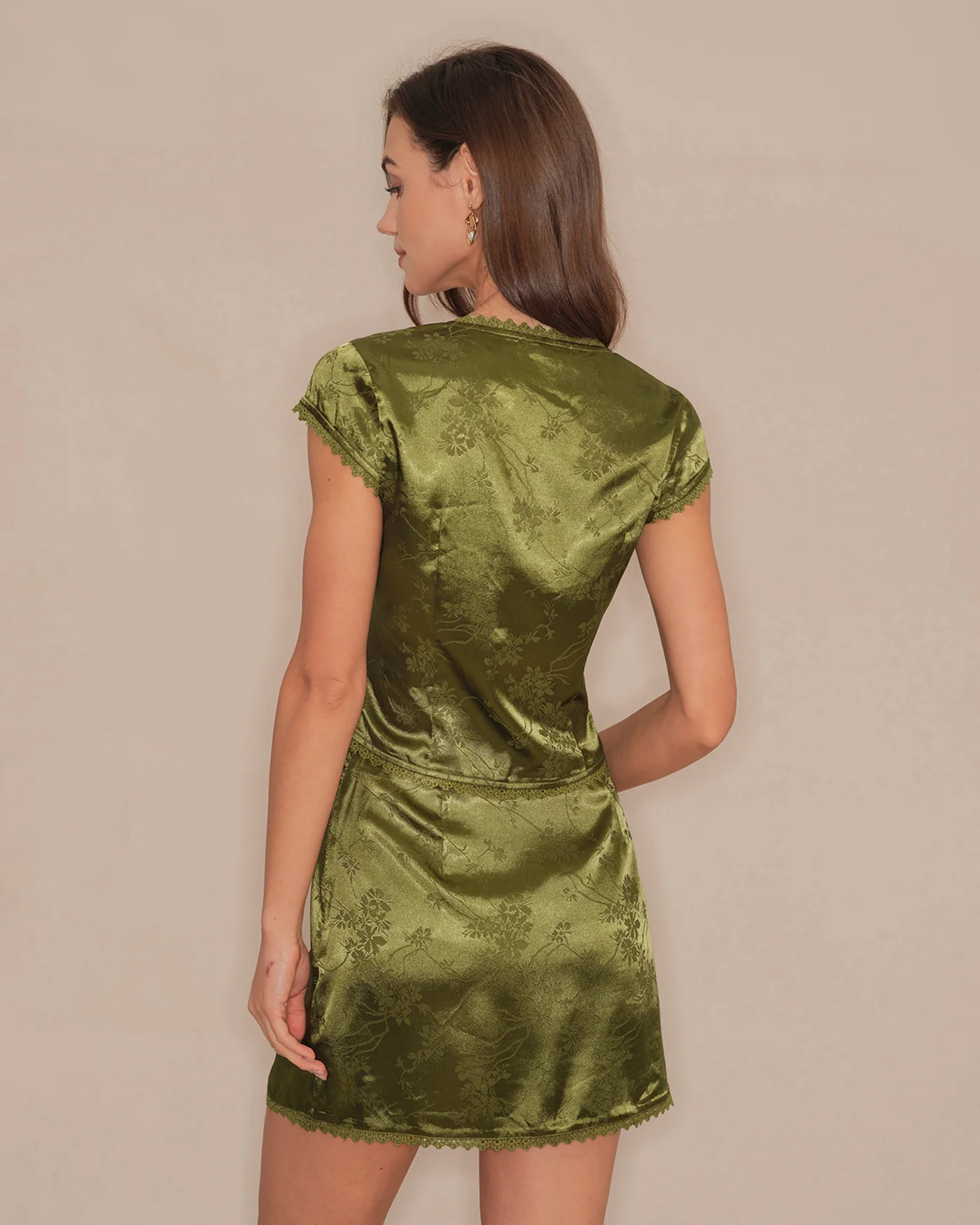 Green Floral Satin Mini Skirt - Image 3