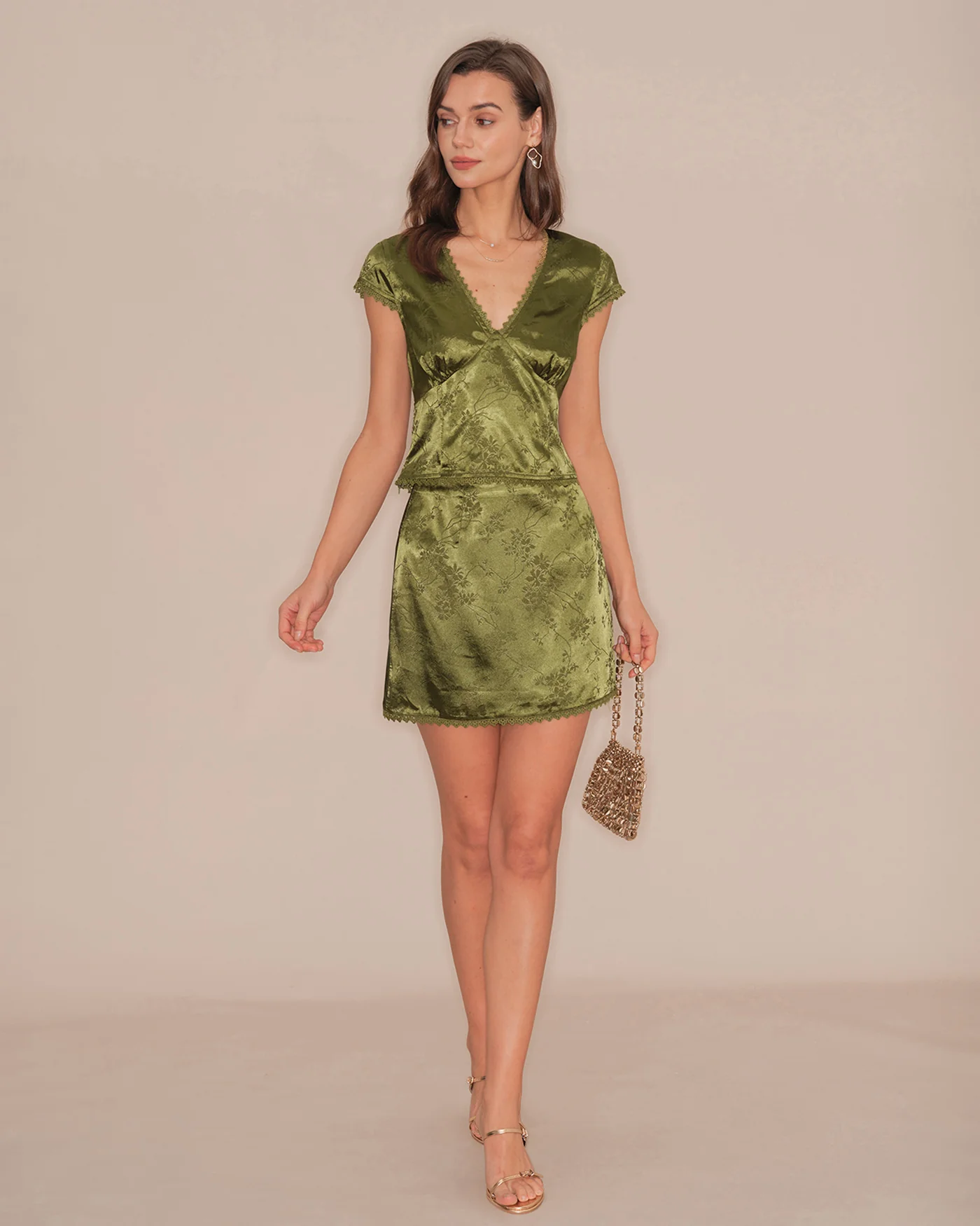 Green Floral Satin Mini Skirt - Image 4