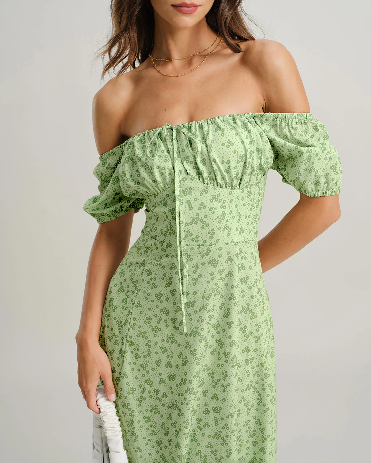 Green Floral Square Neck Puffed Sleeve Midi Dress - Image 2