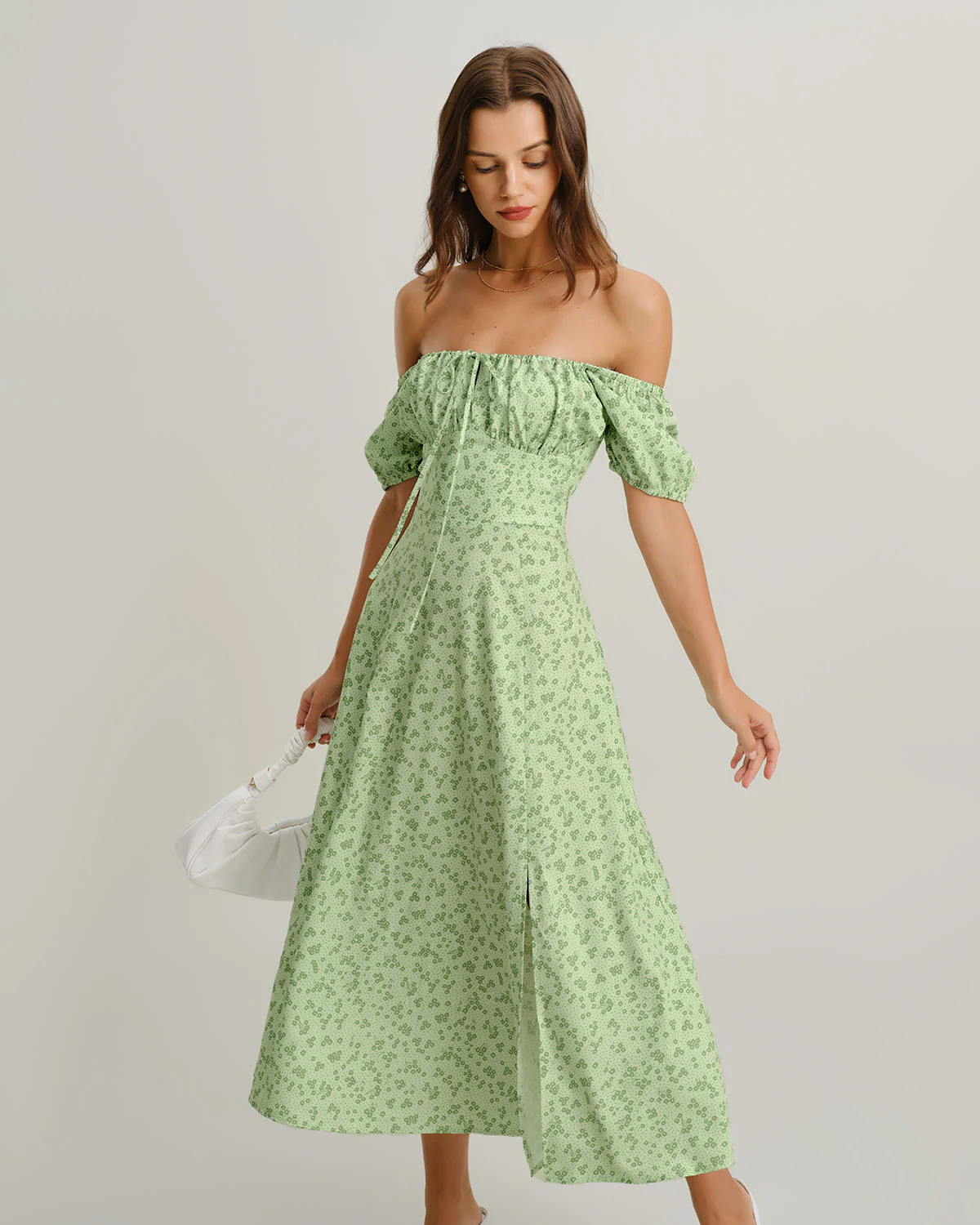 Green Floral Square Neck Puffed Sleeve Midi Dress - Image 3