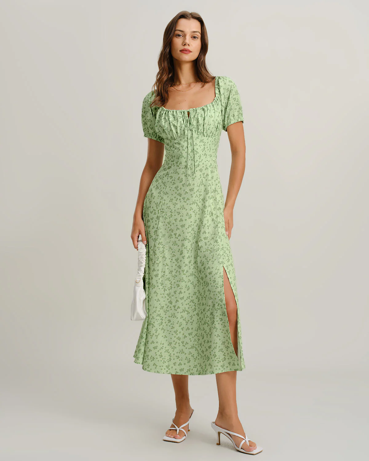 Green Floral Square Neck Puffed Sleeve Midi Dress - Image 4