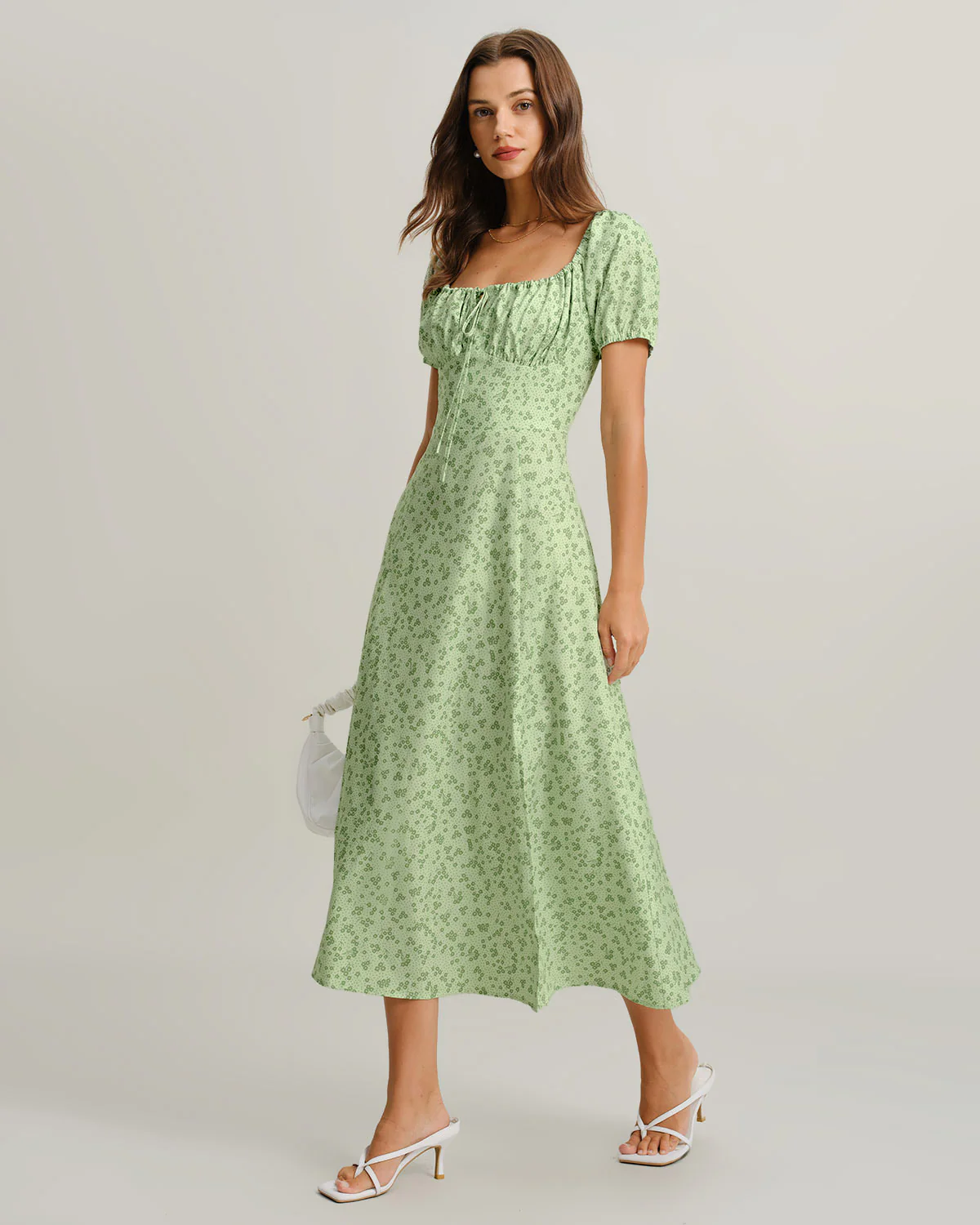 Green Floral Square Neck Puffed Sleeve Midi Dress - Image 5