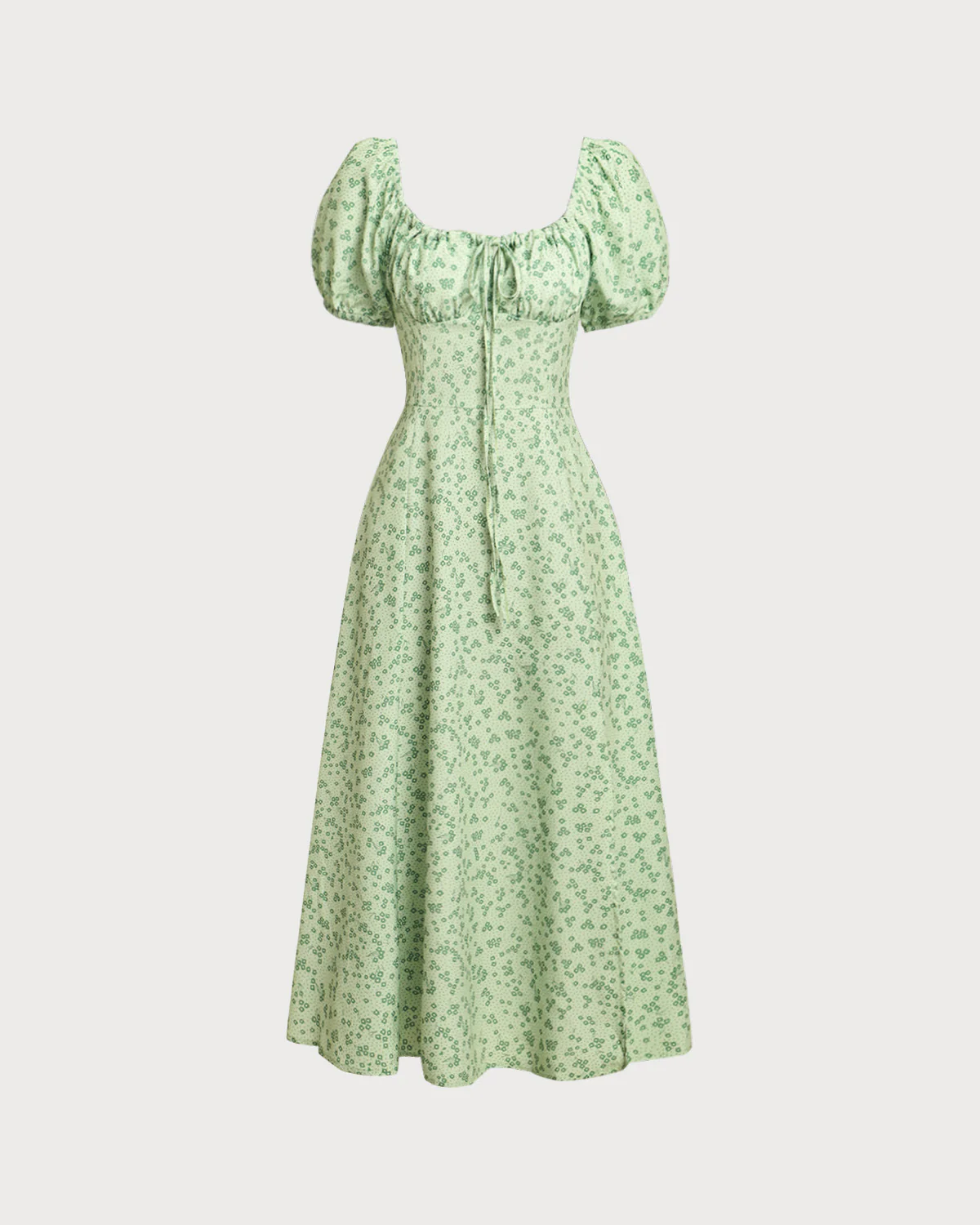 Green Floral Square Neck Puffed Sleeve Midi Dress - Image 6