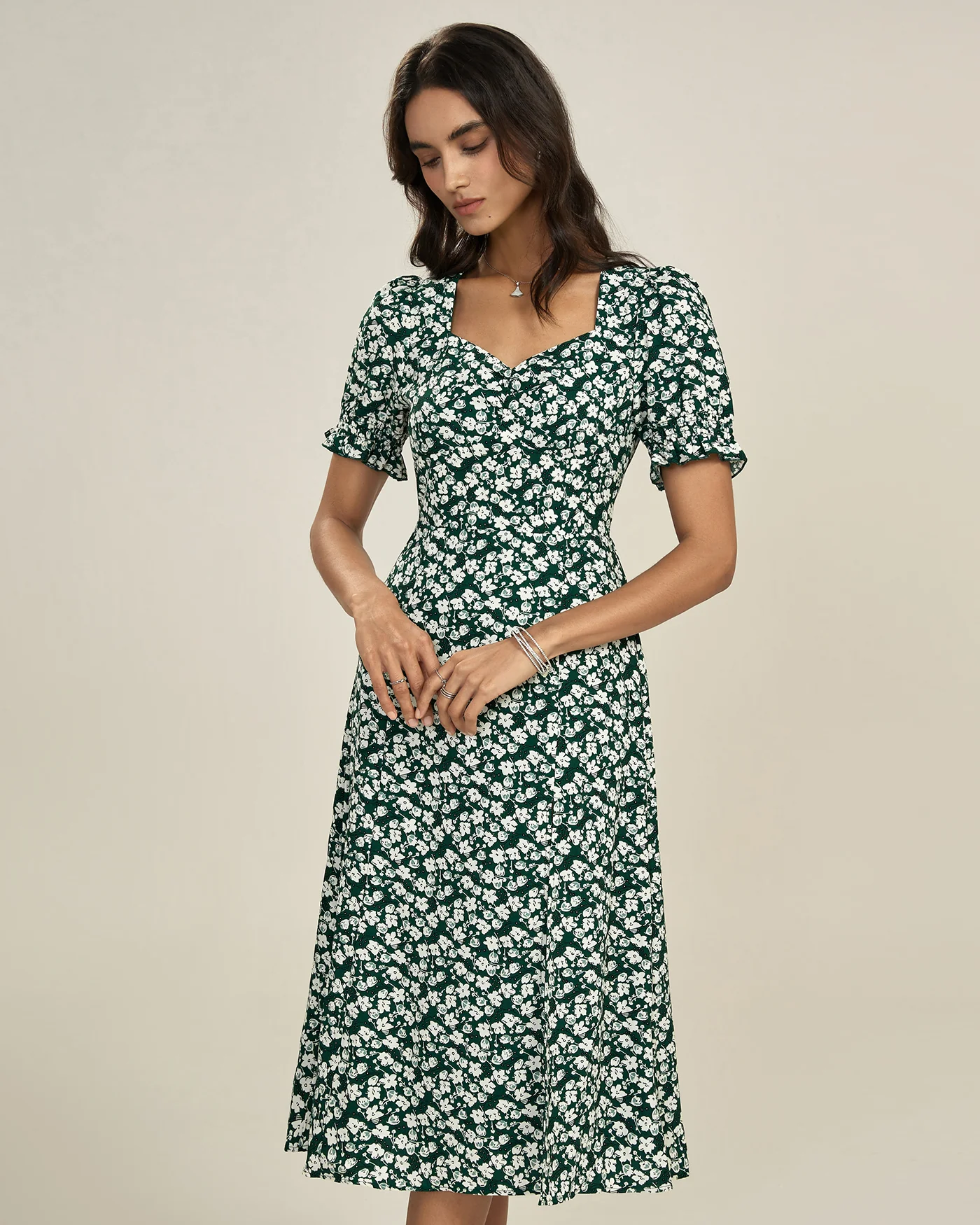 Green Floral V Neck Midi Dress