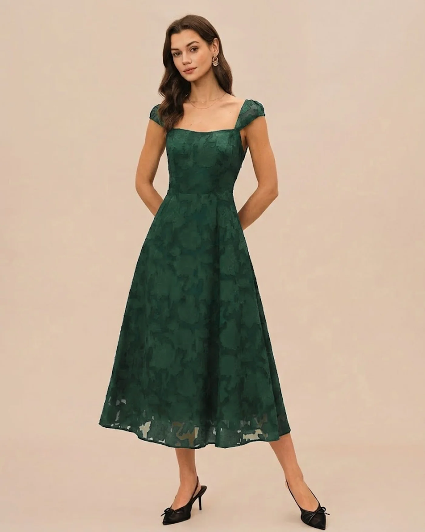 Green Jacquard Cap Sleeve Midi Dress