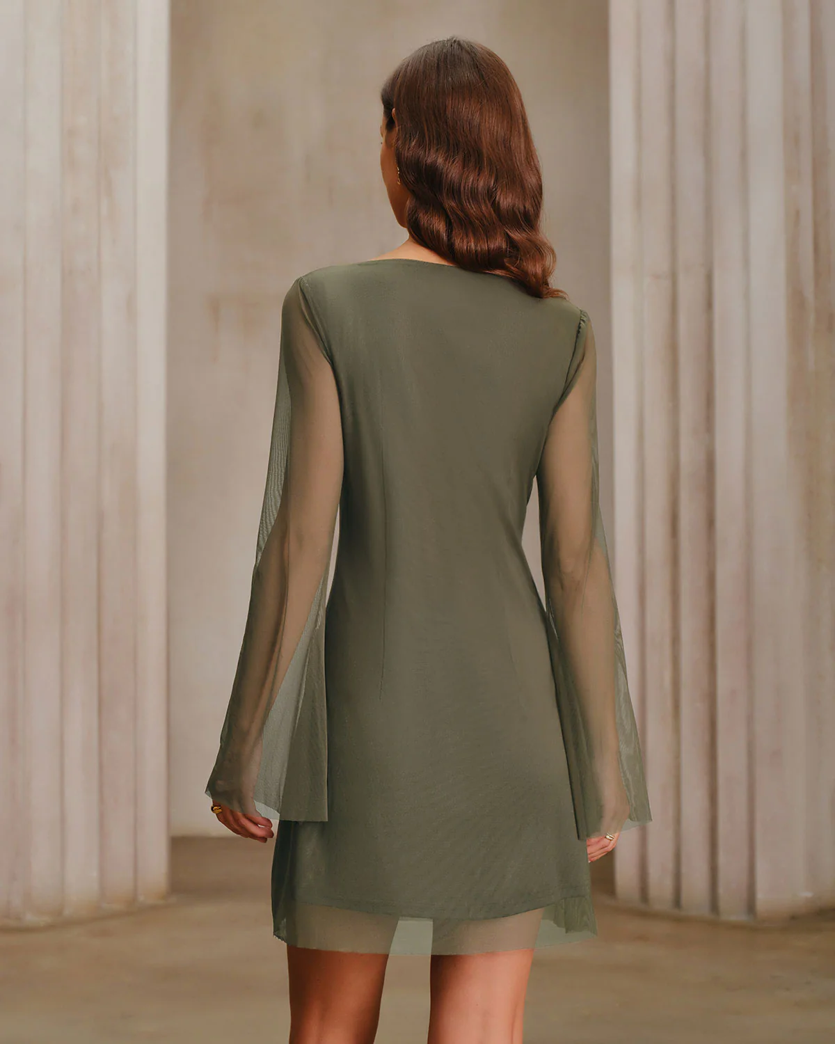 Green Mesh Boat Neck A-Line Mini Dress - Image 3
