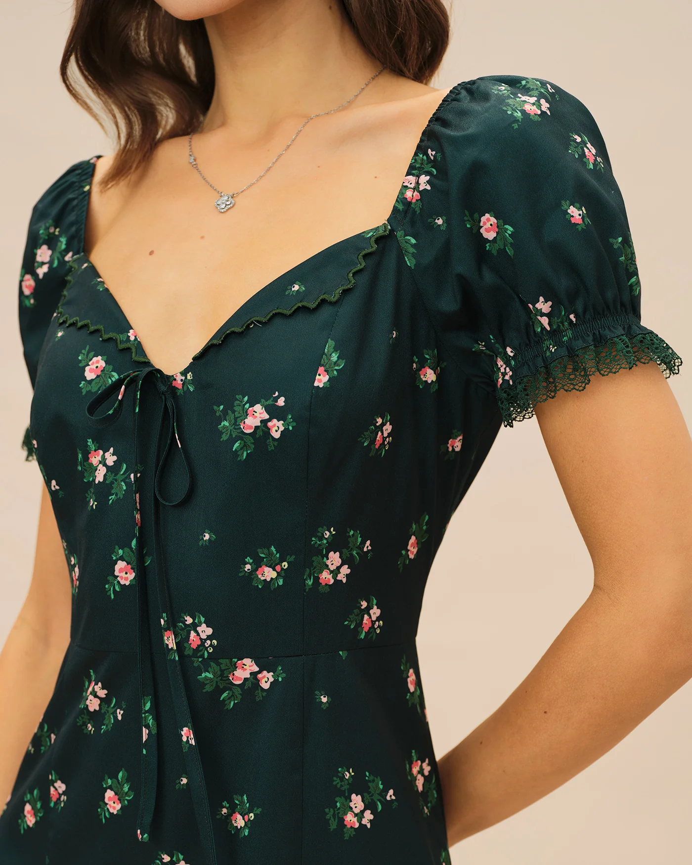 Green Puffed Sleeve Floral Midi Dress - Image 2