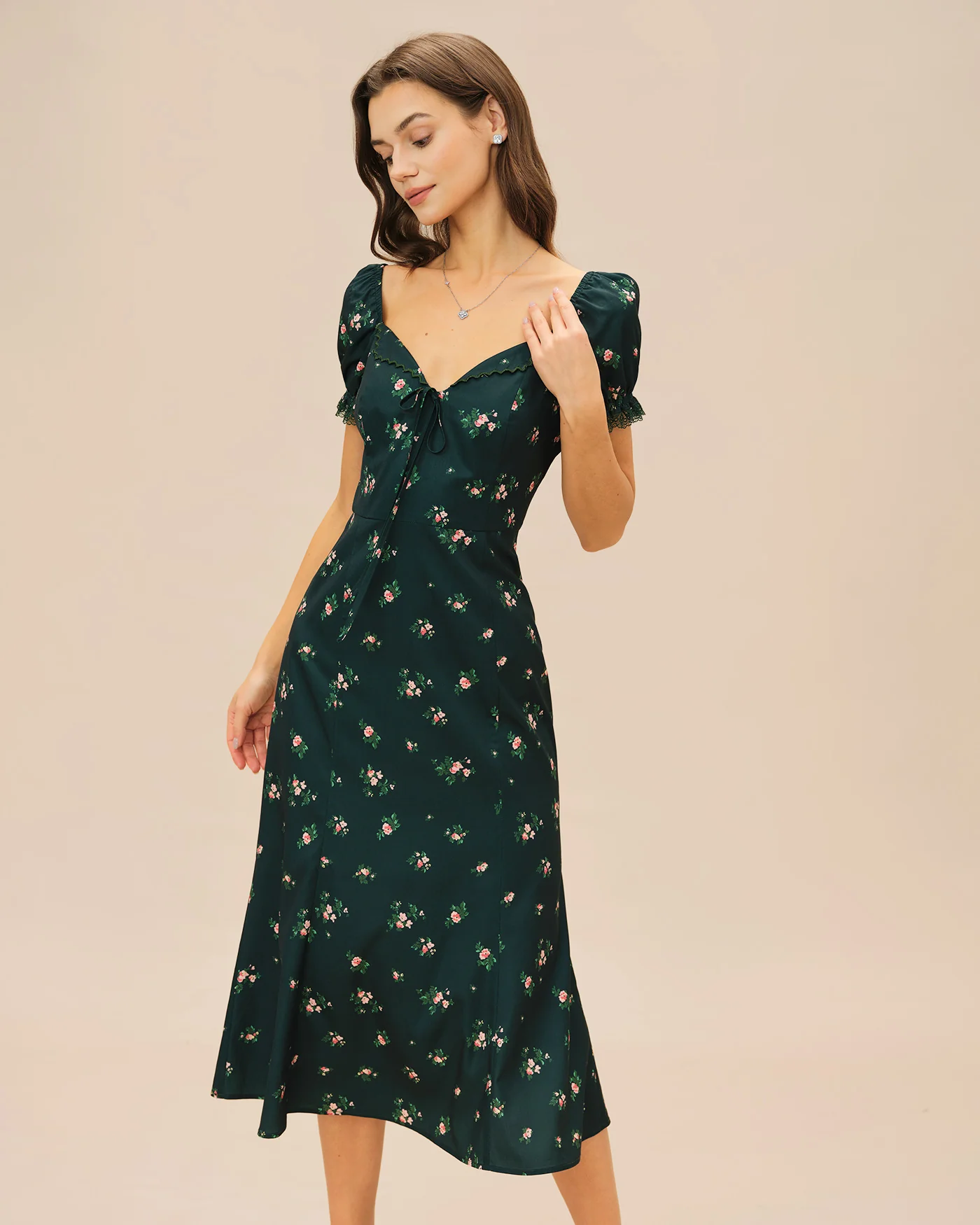 Green Puffed Sleeve Floral Midi Dress - Image 3
