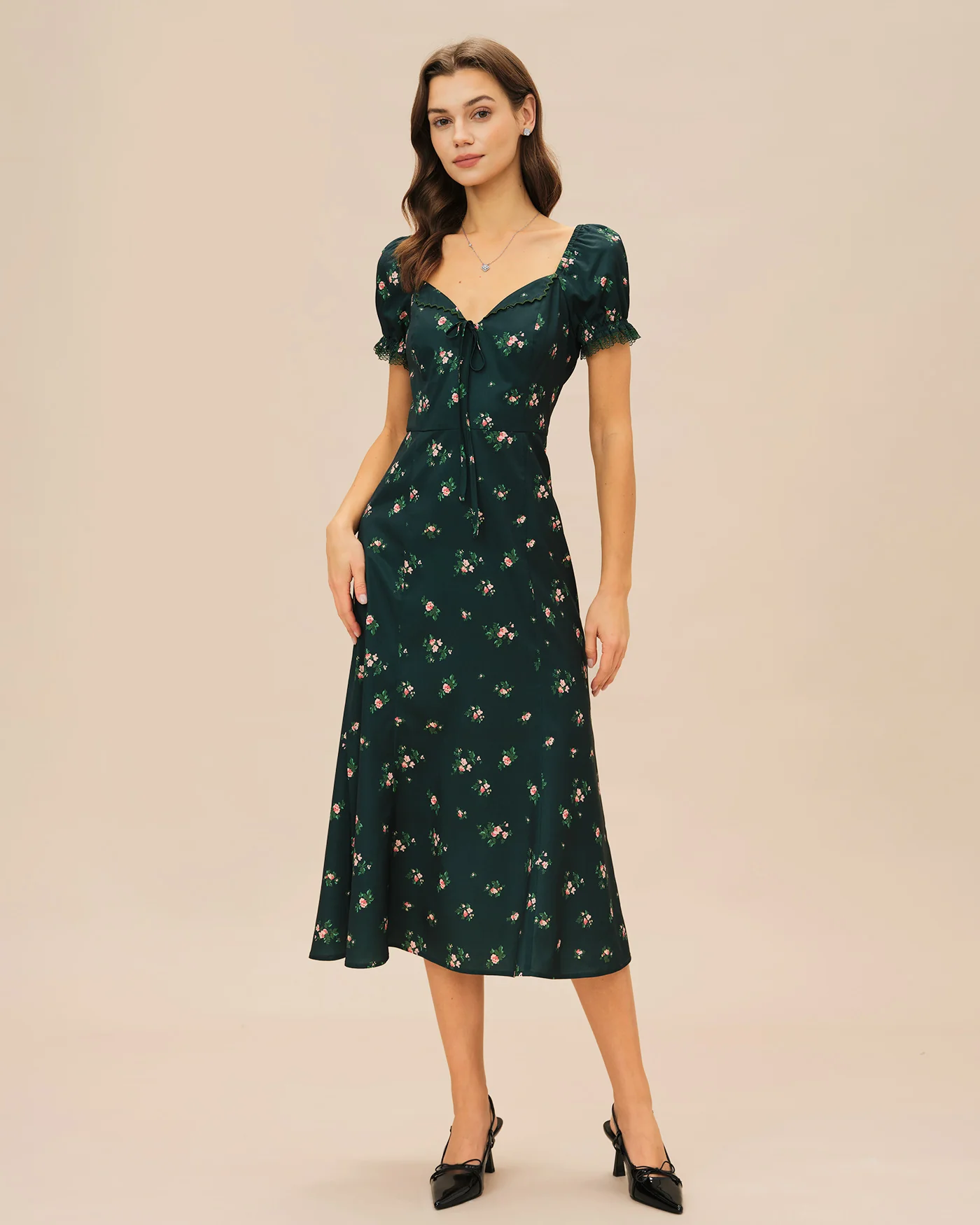 Green Puffed Sleeve Floral Midi Dress - Image 4