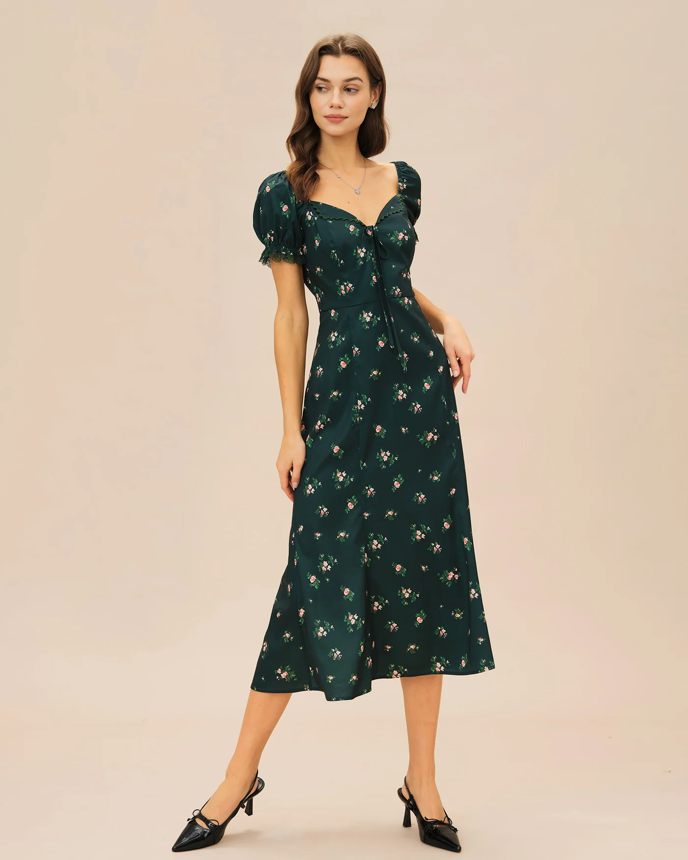 Green Puffed Sleeve Floral Midi Dress - Image 5