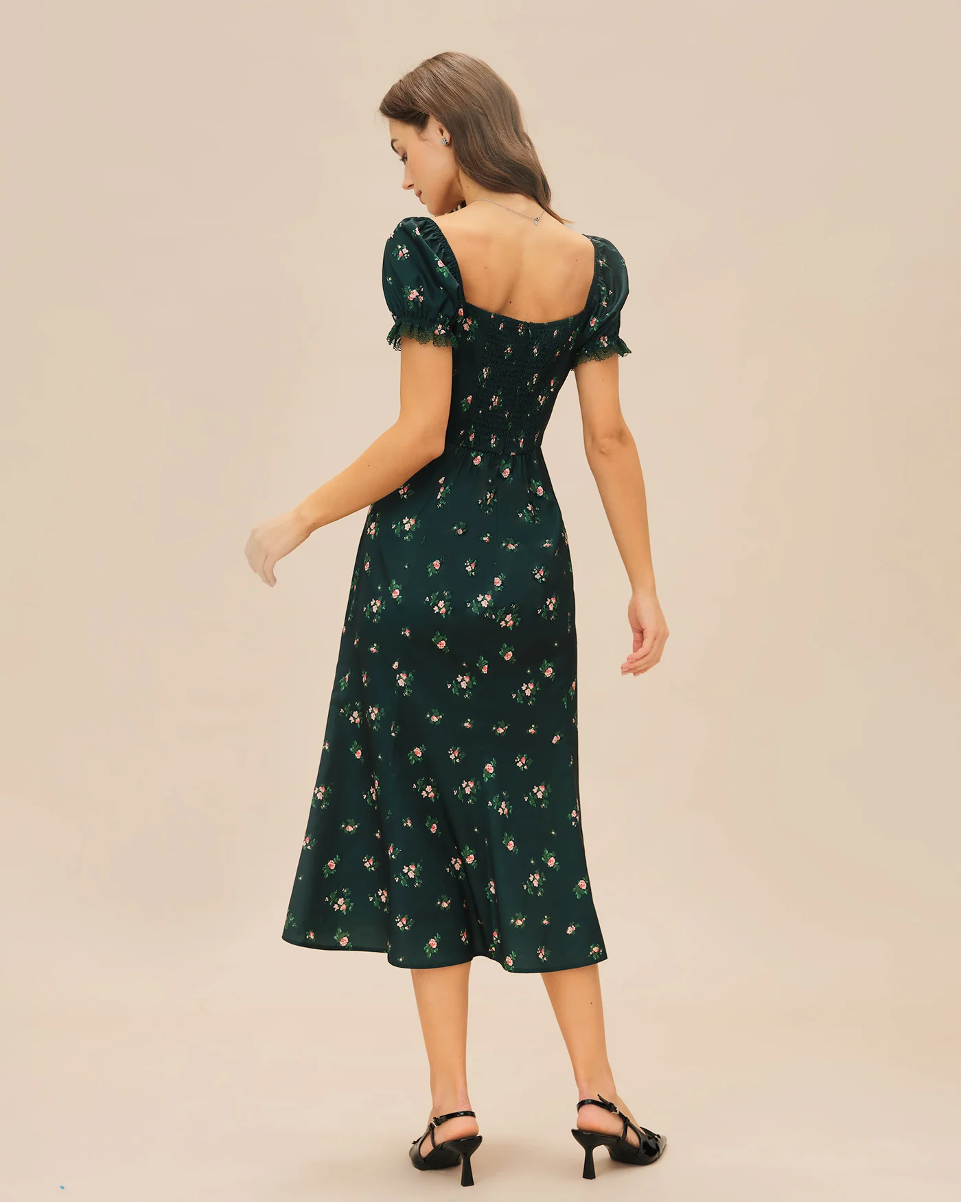 Green Puffed Sleeve Floral Midi Dress - Image 6