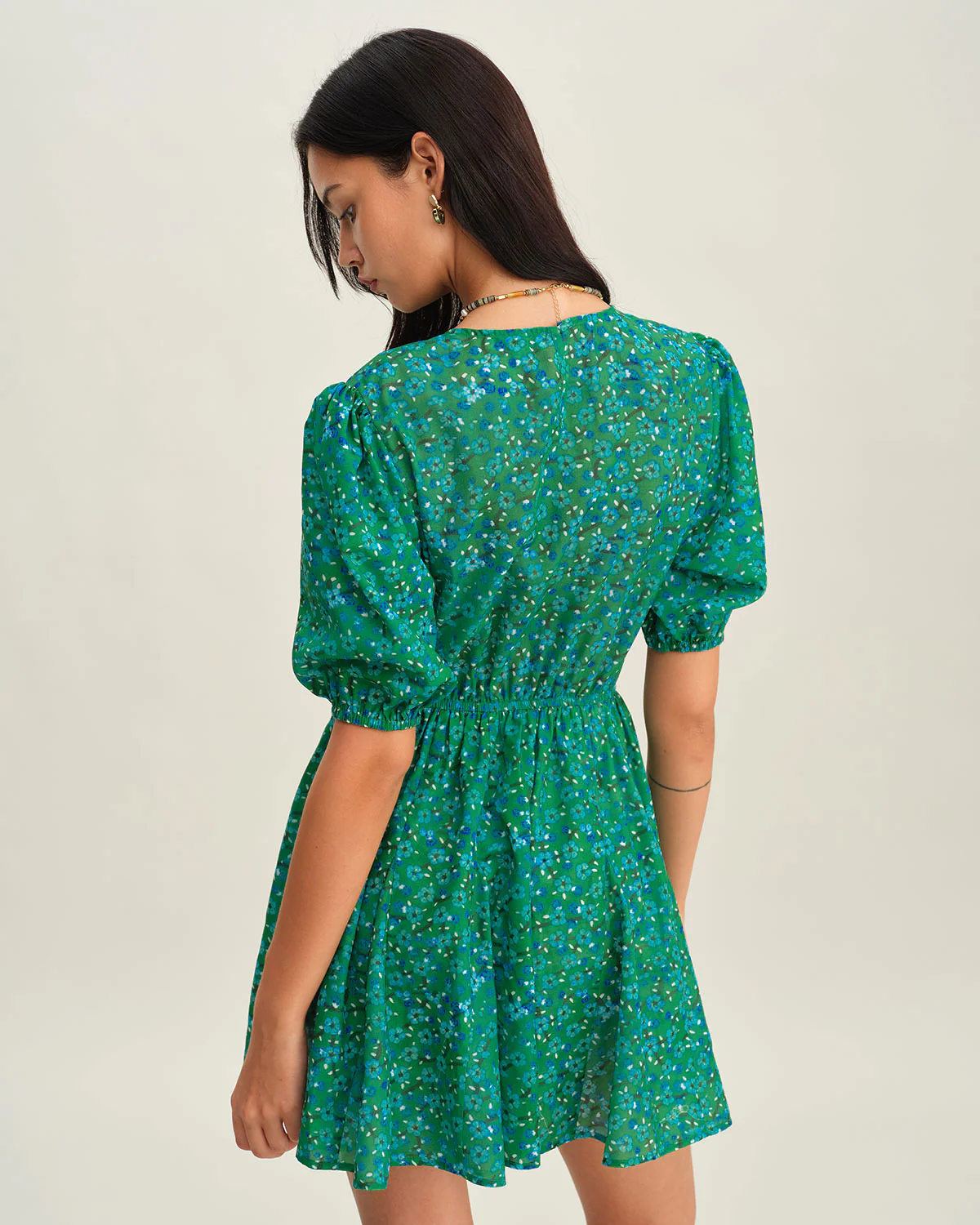 Green Ruched Elastic Waist Mini Dress - Image 4