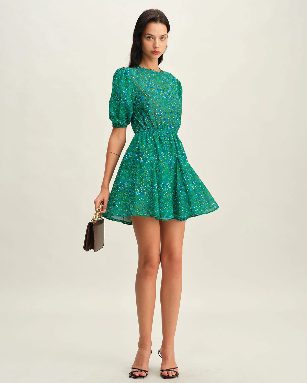 Green Ruched Elastic Waist Mini Dress - Image 5