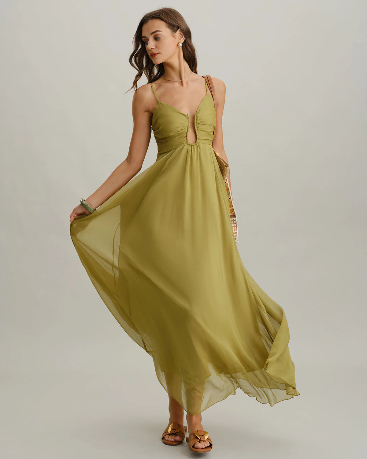 Green Ruched Slip Maxi Dress
