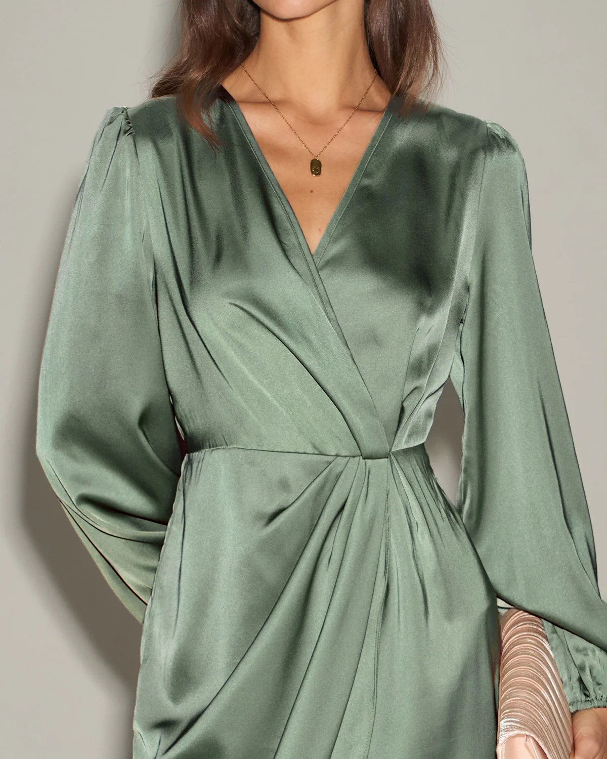 Green Satin Ruched Midi Dress - Image 2