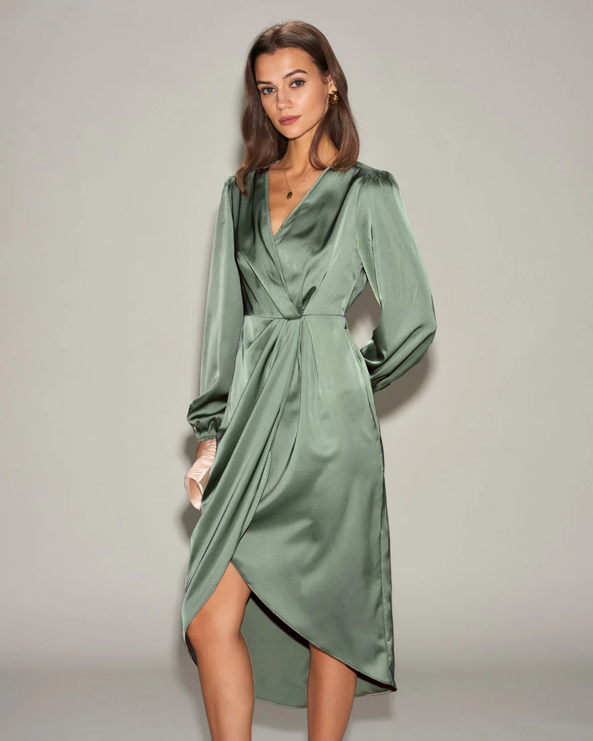 Green Satin Ruched Midi Dress - Image 3