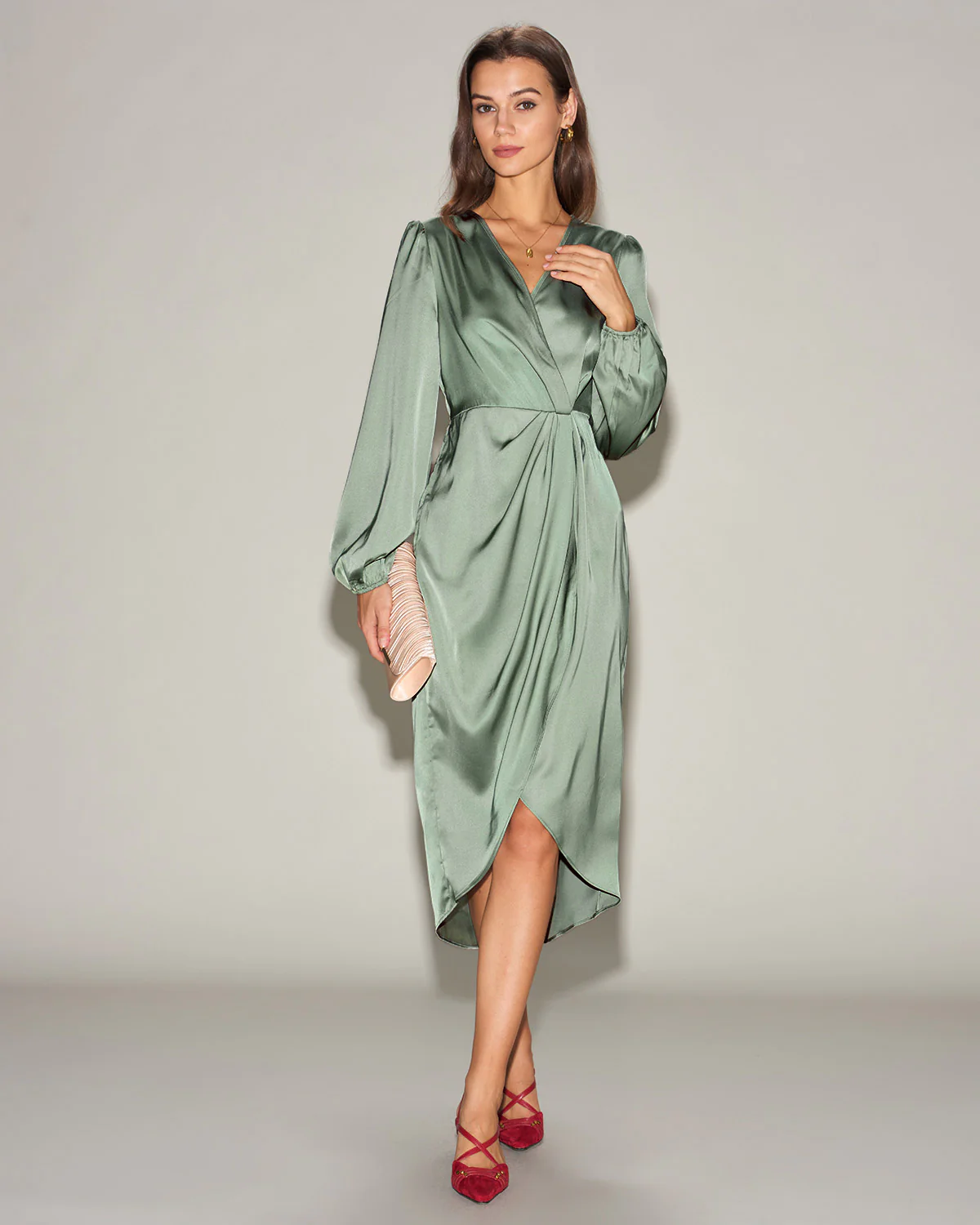 Green Satin Ruched Midi Dress - Image 4