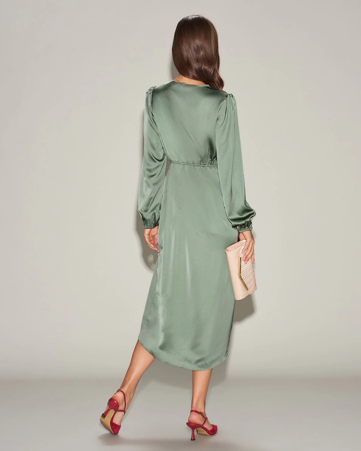 Green Satin Ruched Midi Dress - Image 5