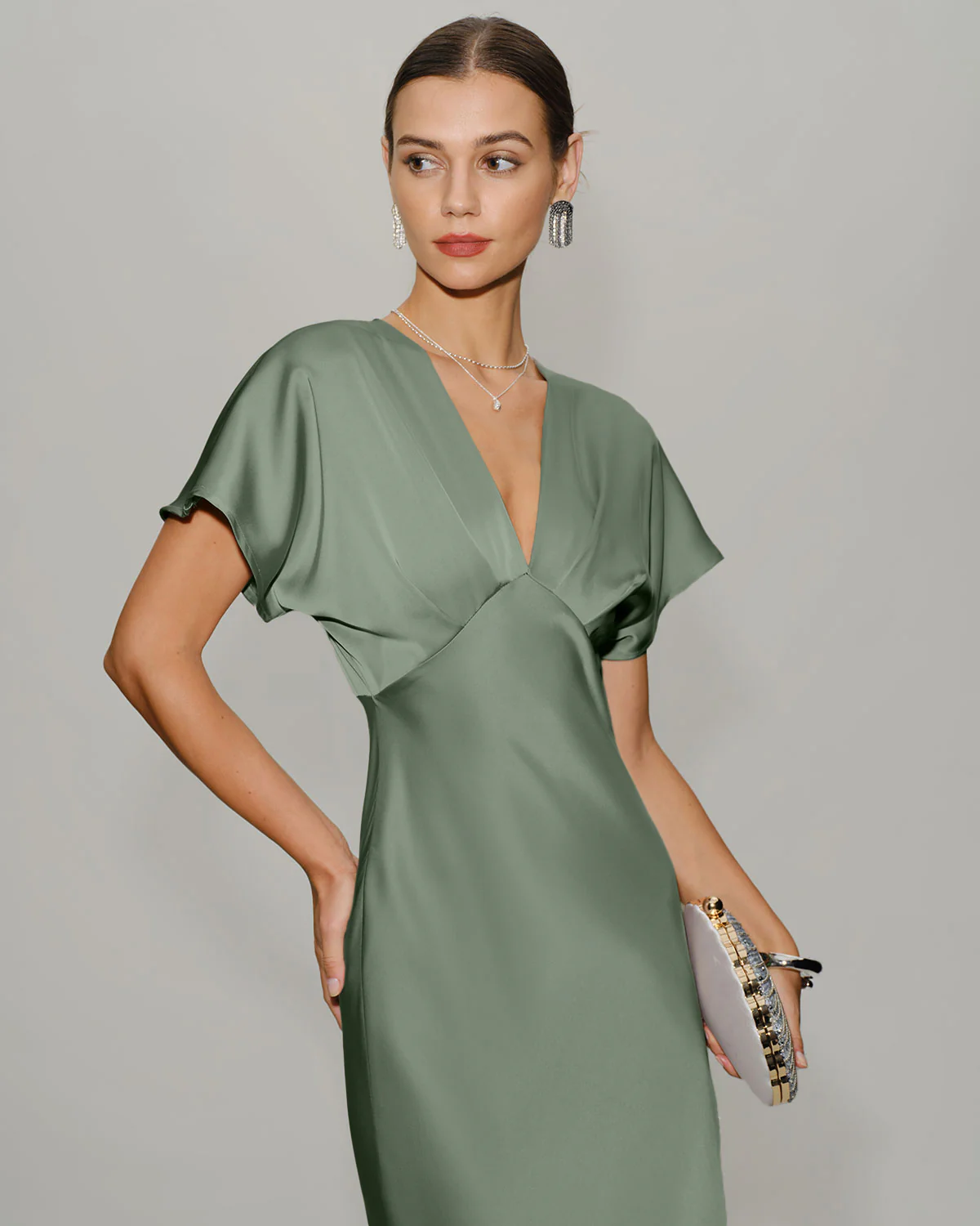 Green Satin V Neck A-Line Midi Dress - Image 2
