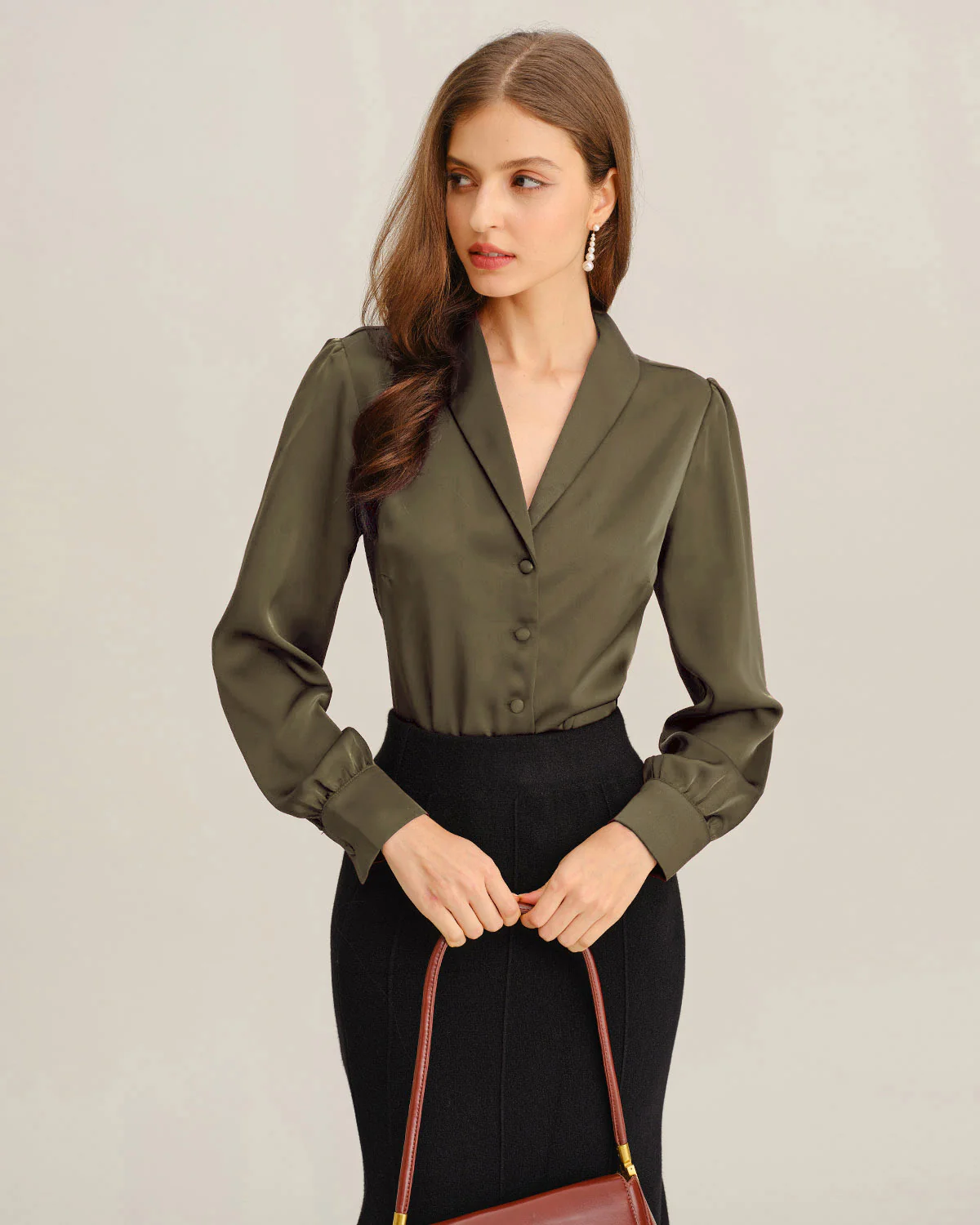 Green Satin V-Neck Office Shirt