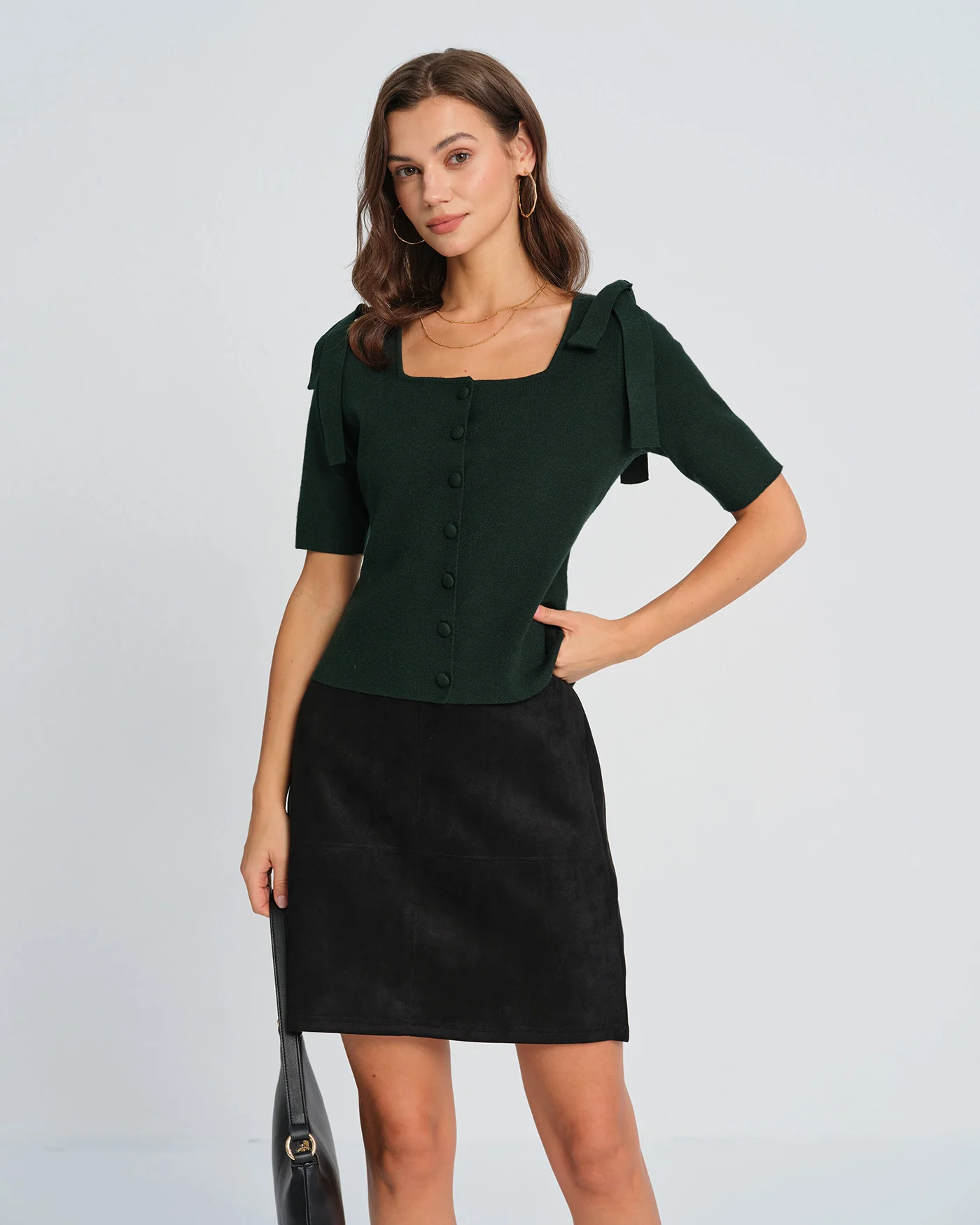 Green Square Neck Bowknot Knit Cardigan