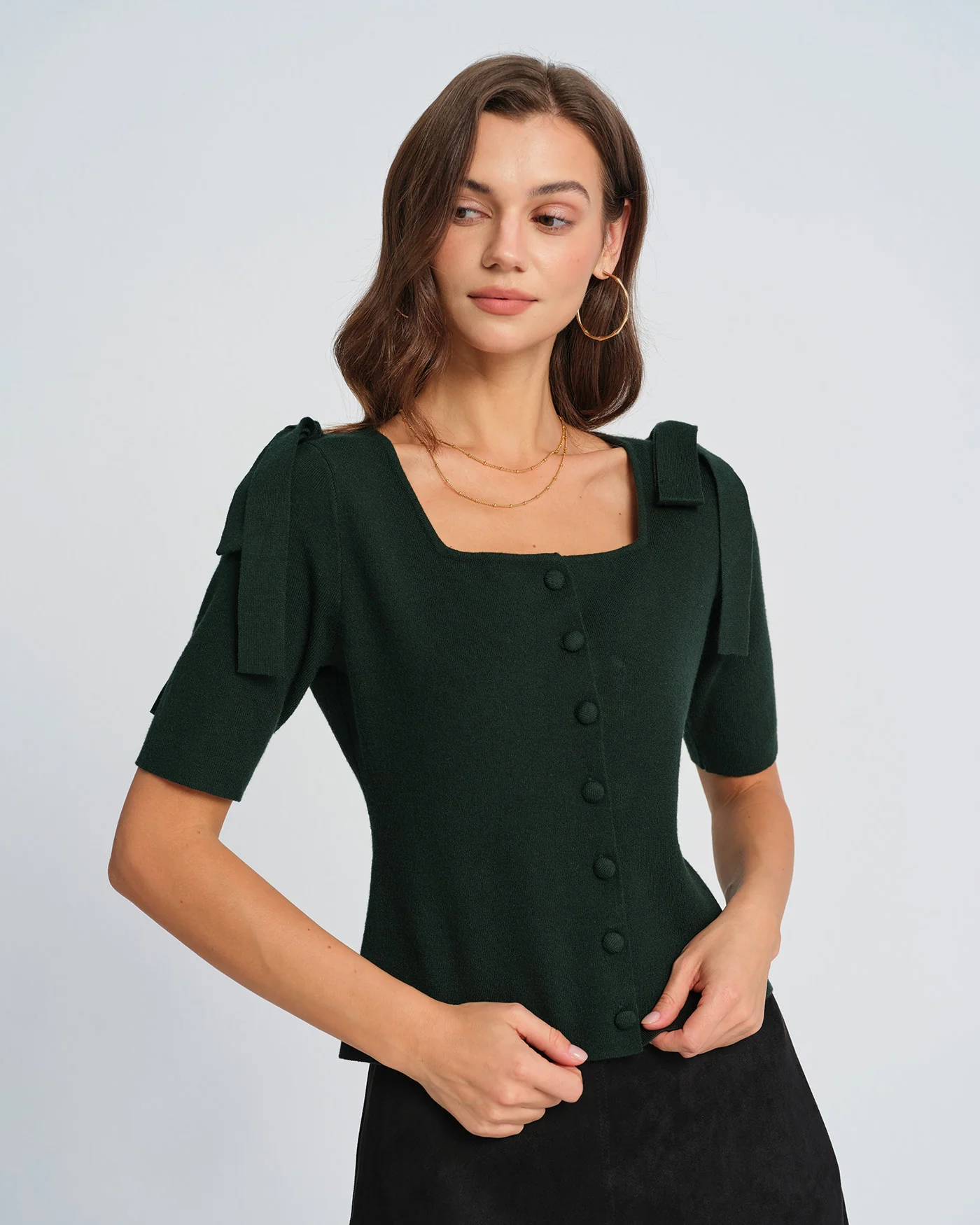 Green Square Neck Bowknot Knit Cardigan - Image 2