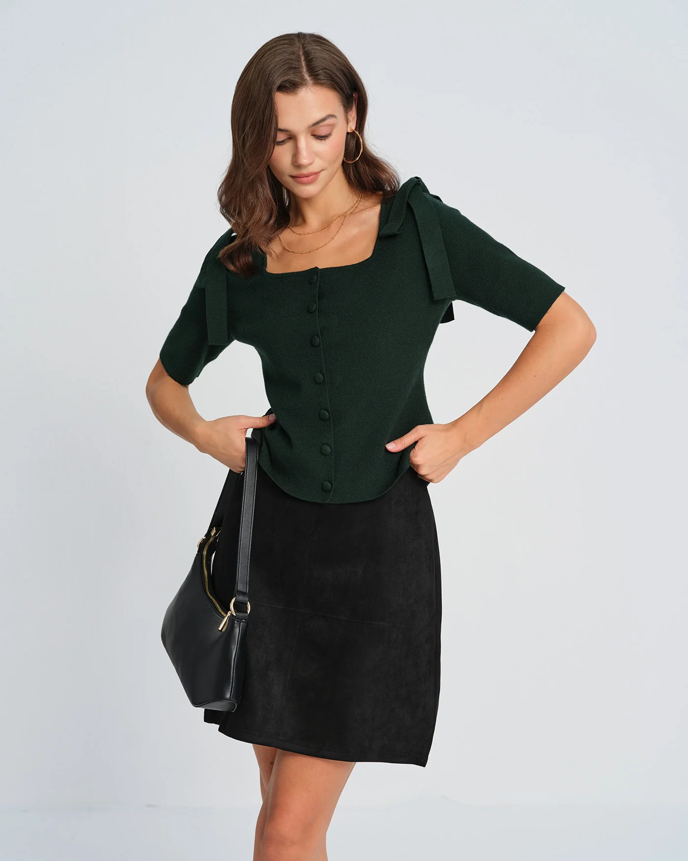 Green Square Neck Bowknot Knit Cardigan - Image 4