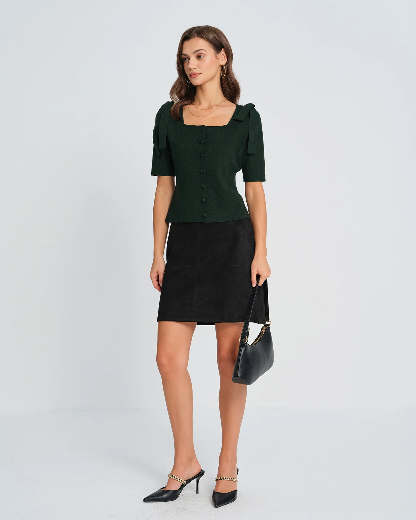 Green Square Neck Bowknot Knit Cardigan - Image 5