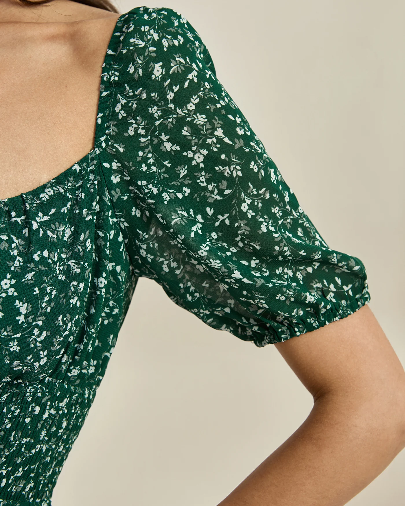 Green Square Neck Floral Mini Dress - Image 2