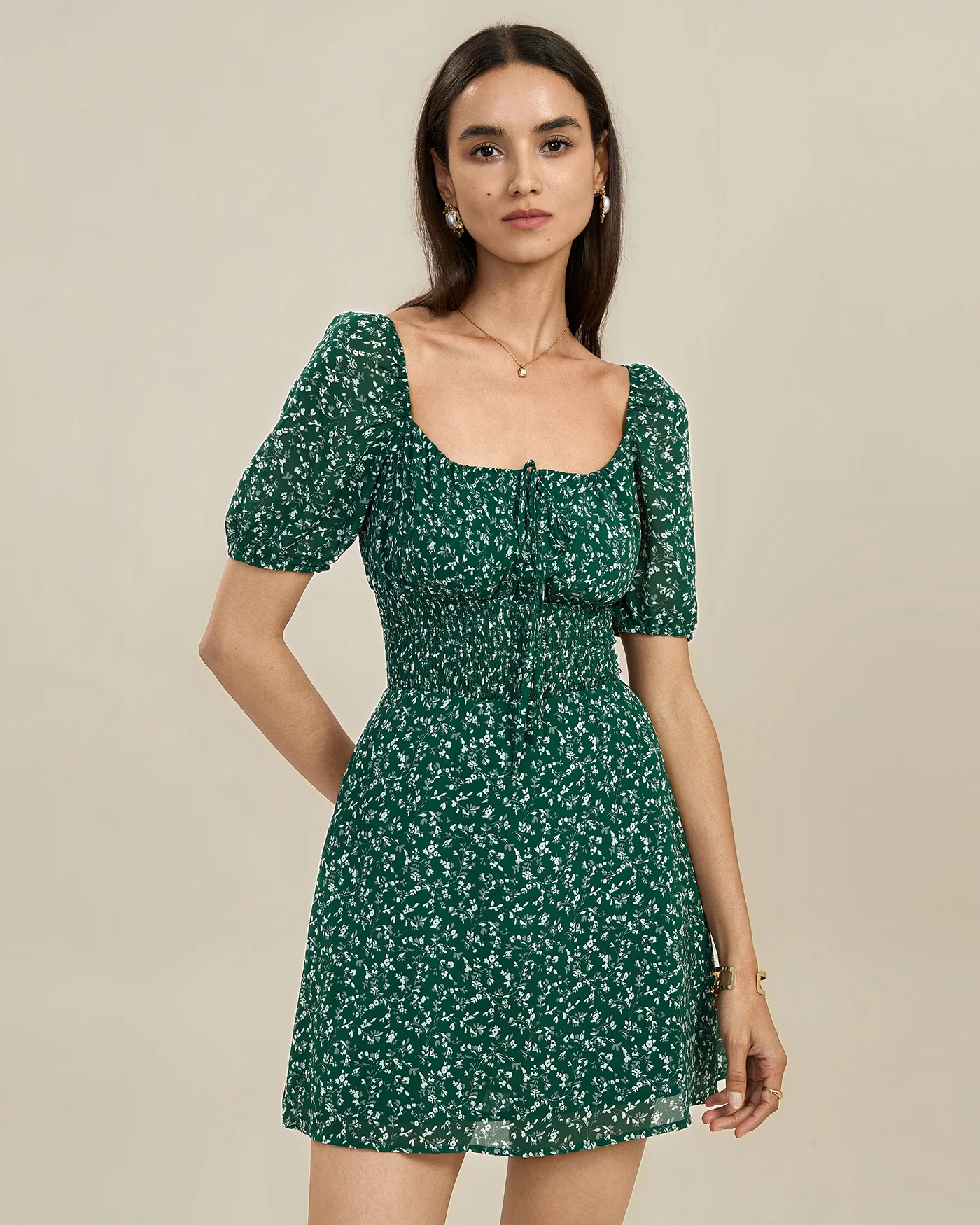 Green Square Neck Floral Mini Dress - Image 3