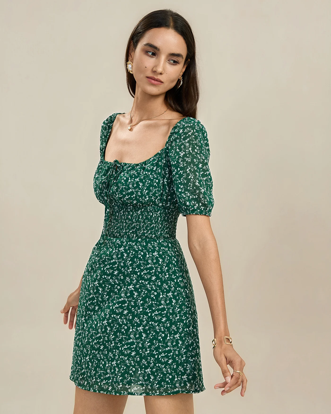 Green Square Neck Floral Mini Dress - Image 4