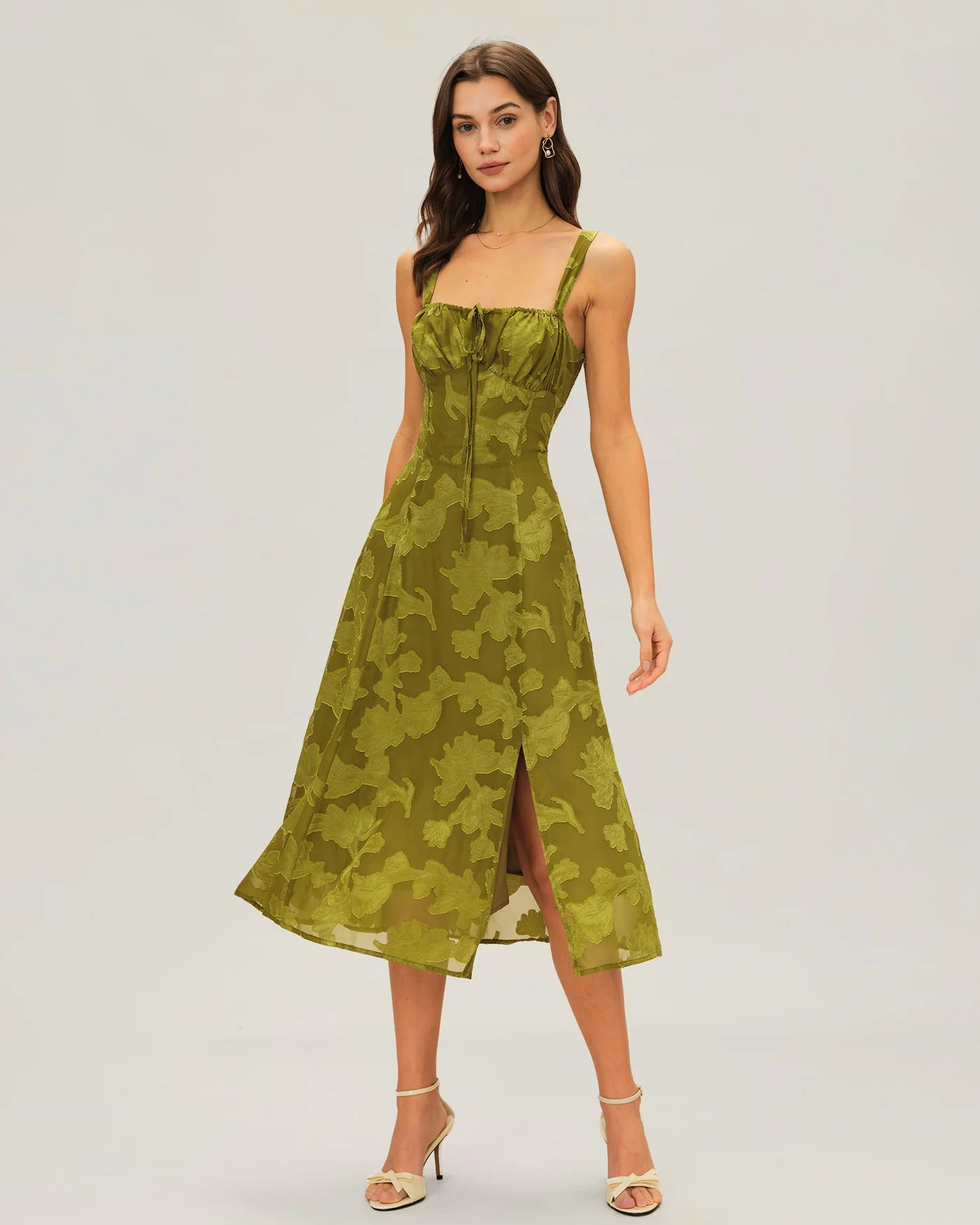 Green Square Neck Jacquard Midi Dress - Image 3