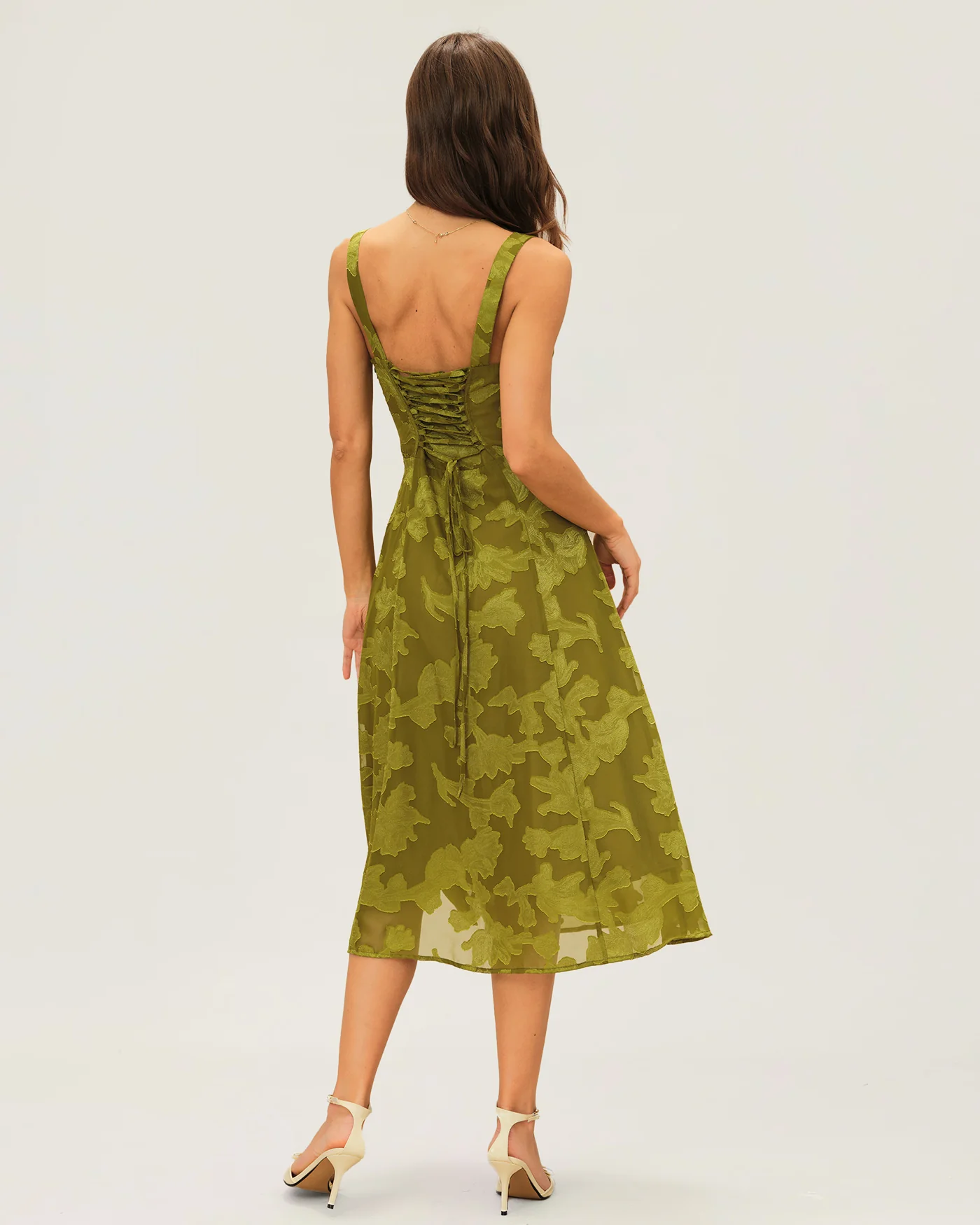 Green Square Neck Jacquard Midi Dress - Image 4