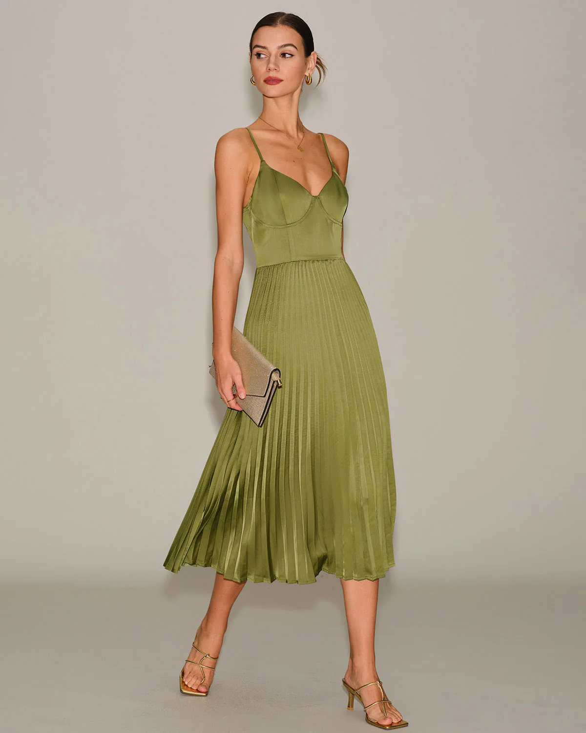 Green Sweetheart Neck Pleated Slip Midi Dress - Image 5