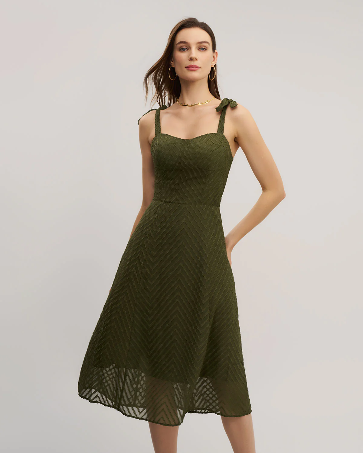 Green Sweetheart Neck Tie Strap Midi Dress - Image 4