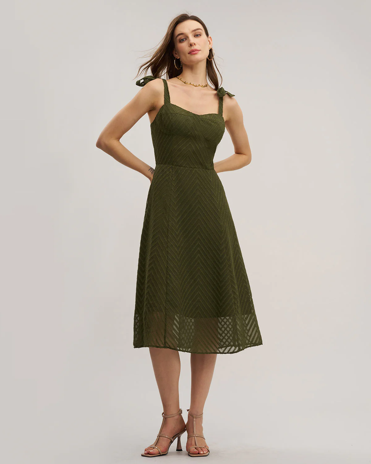 Green Sweetheart Neck Tie Strap Midi Dress - Image 8