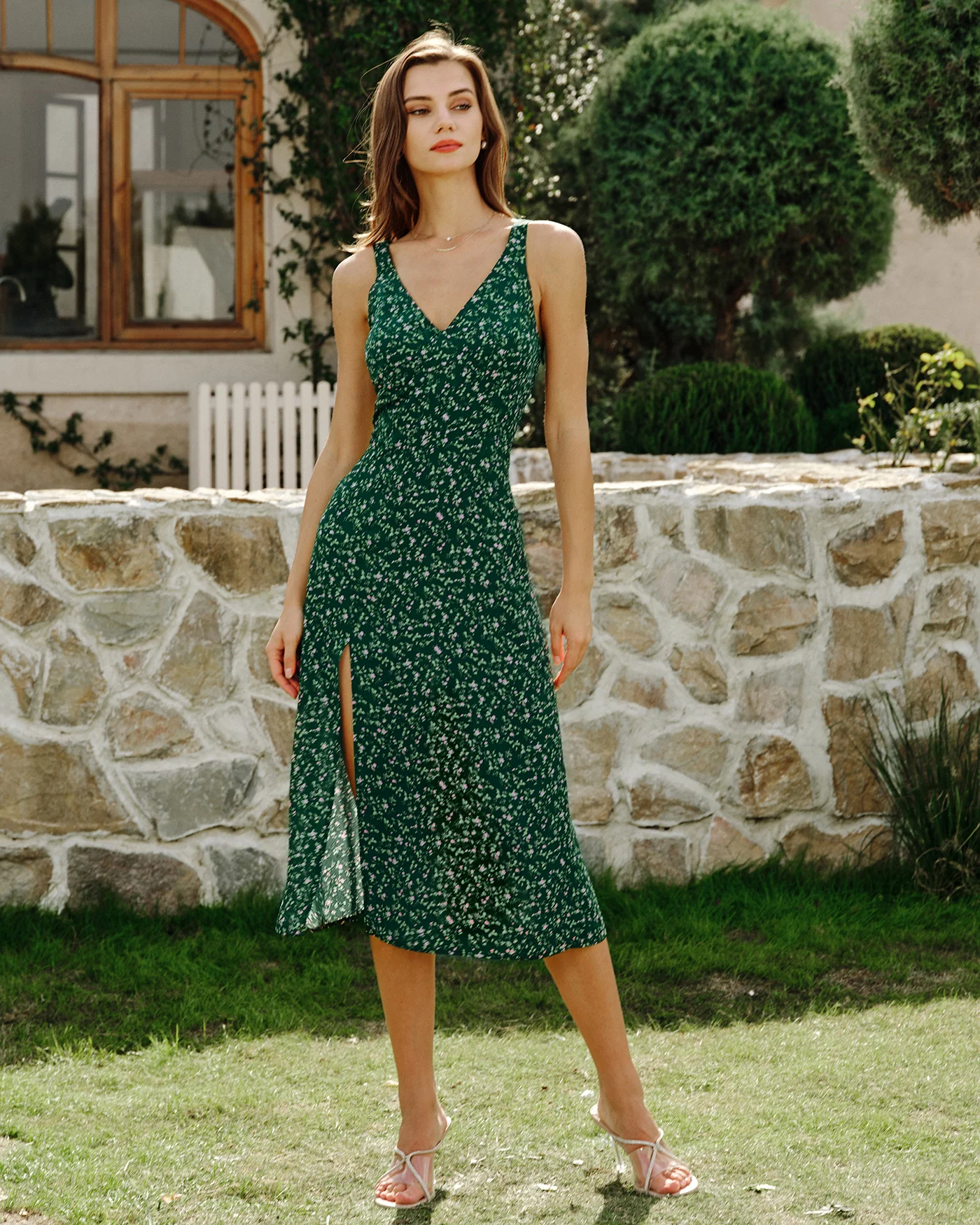 Green V Neck Floral Midi Dress - Image 4