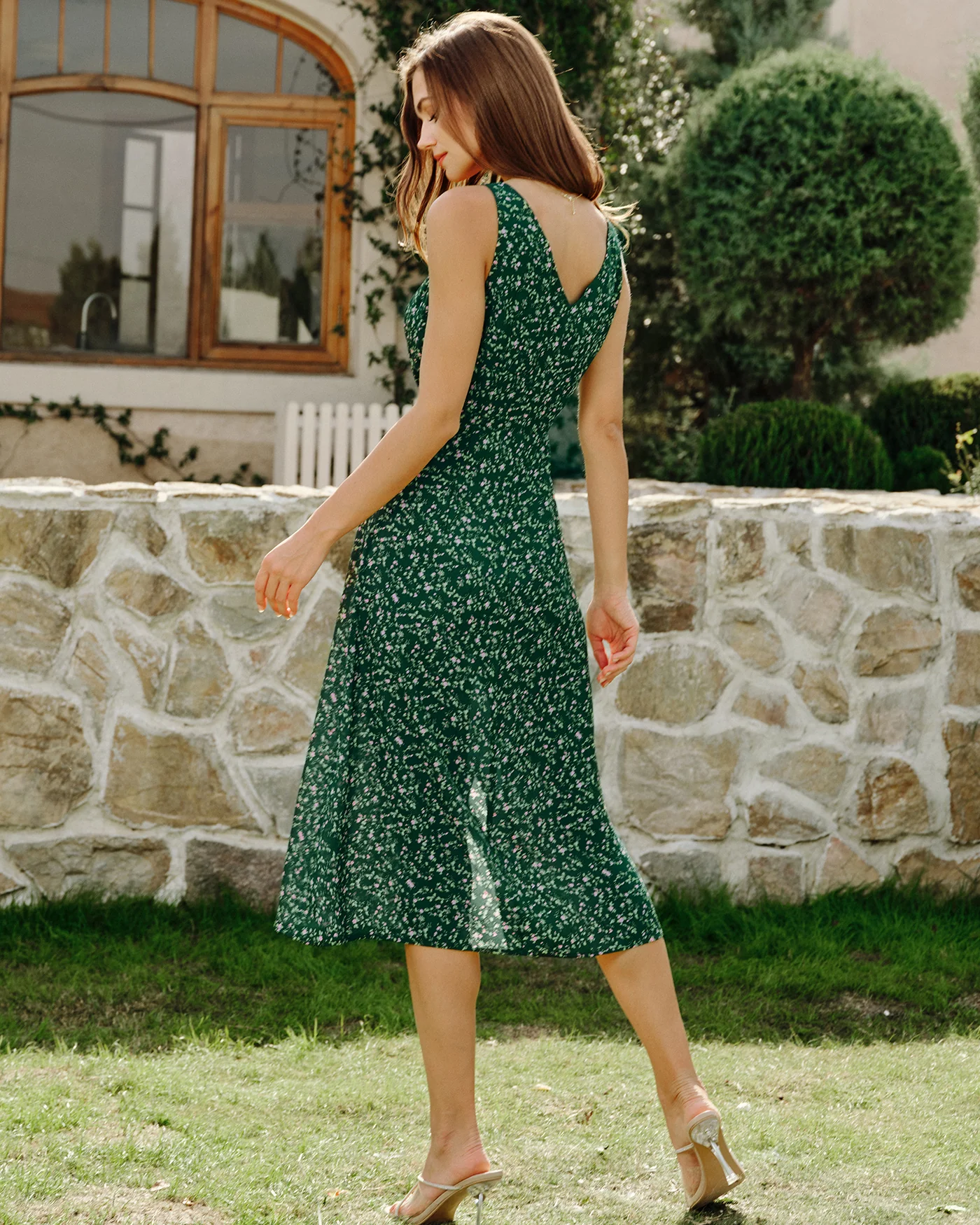 Green V Neck Floral Midi Dress - Image 5