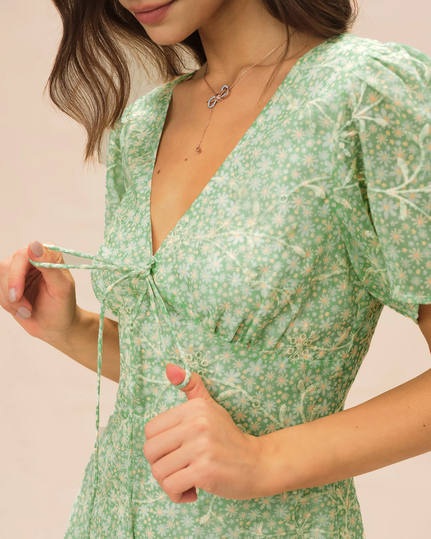 Green V Neck Floral Mini Dress - Image 2