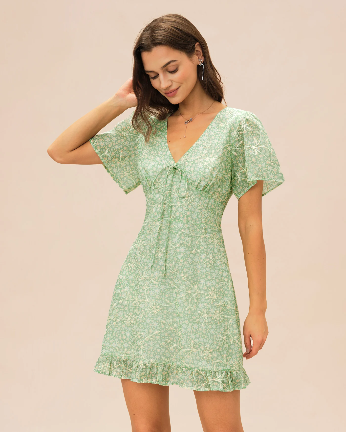 Green V Neck Floral Mini Dress - Image 3