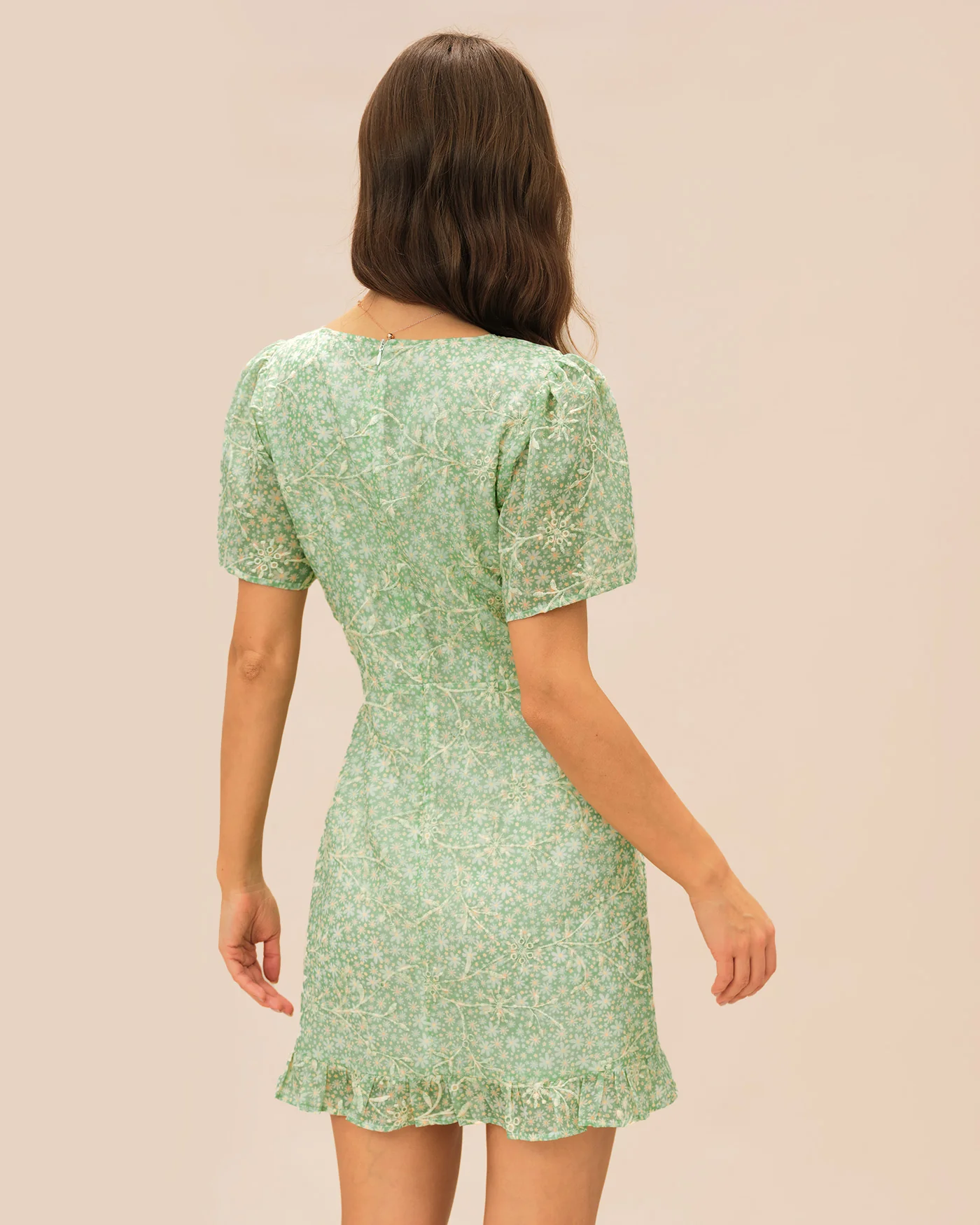 Green V Neck Floral Mini Dress - Image 4